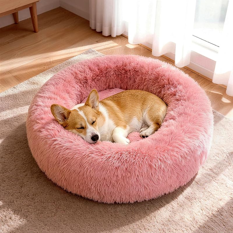 Cama Donut para Cães e Gatos Warmrest em Pelúcia e Espuma Triturada Rosa, 76,2 x 76,2 x 20,3 cm