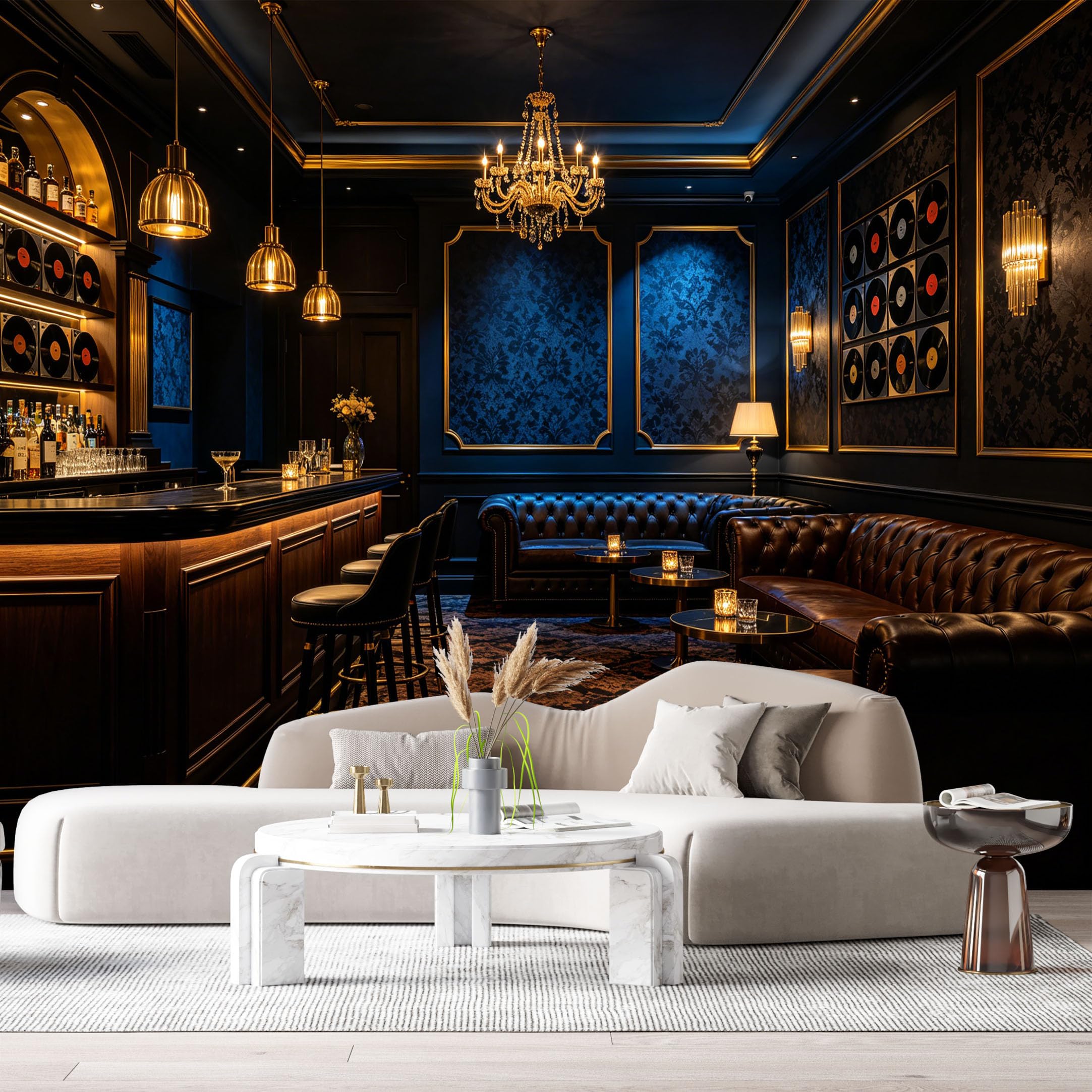 Custom Size Wall Murals Vintage Lounge Bar Neoclassical Interior Leather Sofa Chandelier SelfAdhesive Wall Fabric Removable Large Wallpaper for Photo Living Room