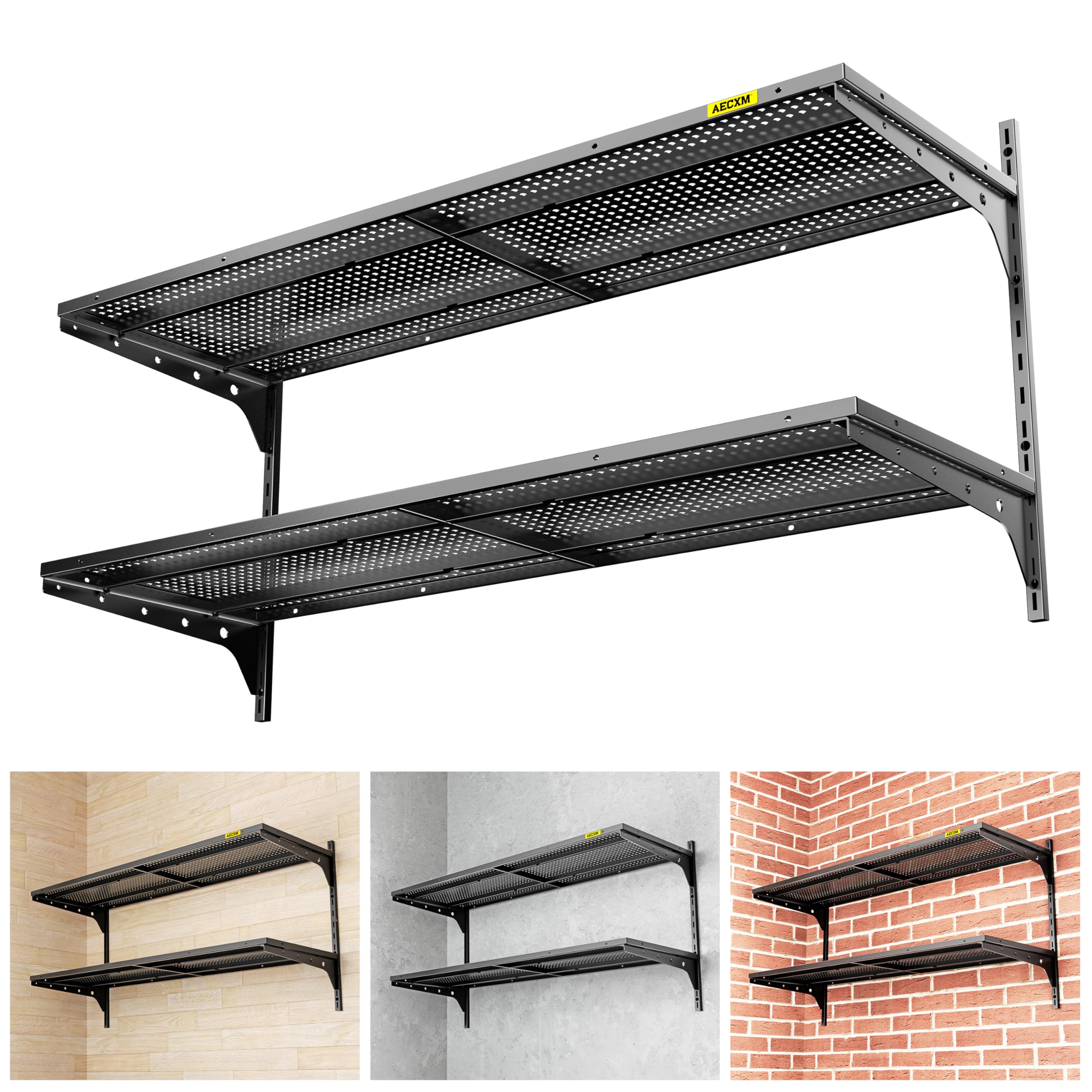 Aecxm 1pack×2 Tier 1.3x4ft Garage Shelving Wall Mounted, 260lbs Load Capacity，15.6x48inch per Shelf Height Cassette Adjustable Floating Shelves, Black