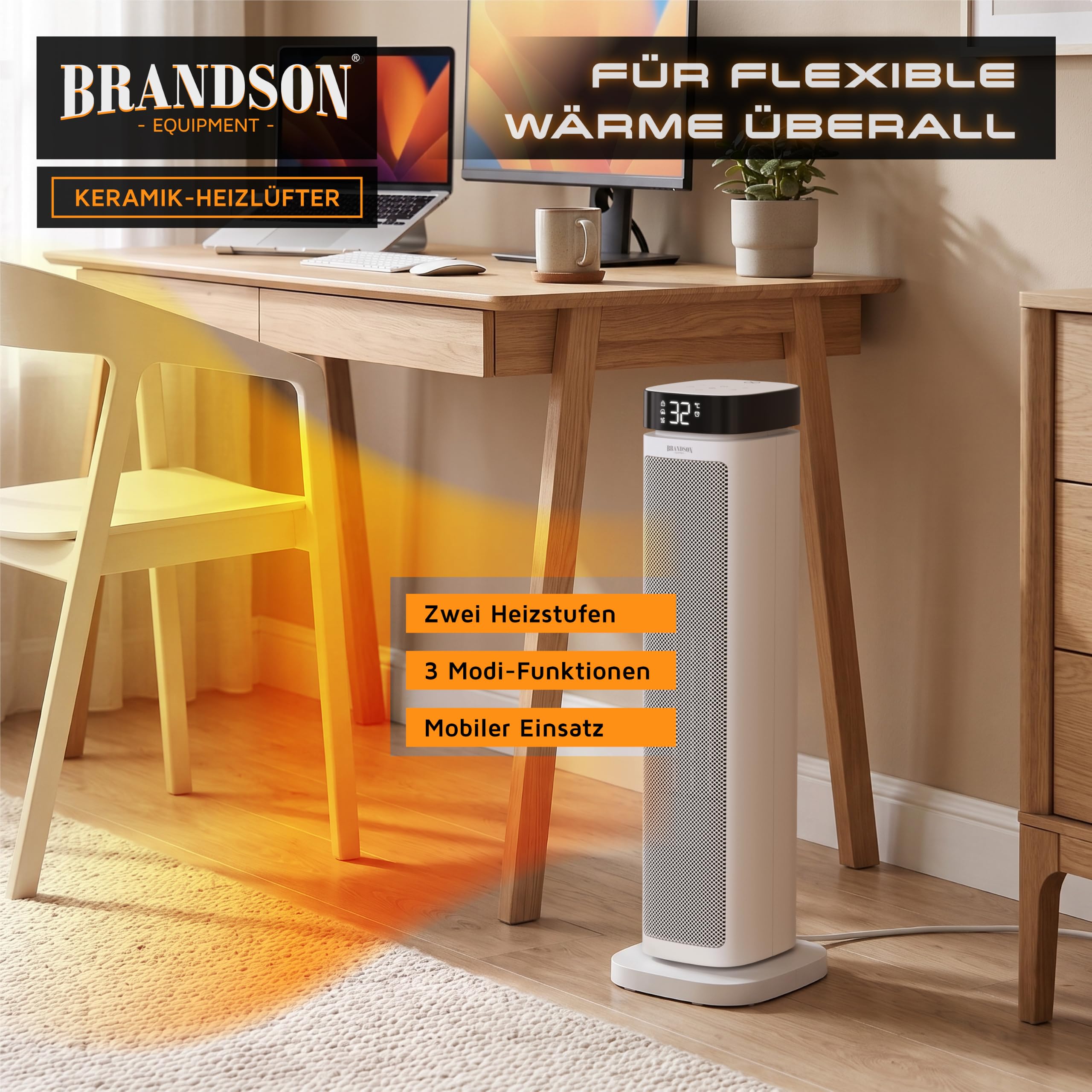 Brandson - Heizlüfter mit Fernbedienung - energiesparend ECO Modus – 2000 Watt Heater - mit Oszillation - 2 Heizstufen - Überhitzungs- und Umkippschutz - Badezimmer Schlafzimmer Baby Kinderzimmer