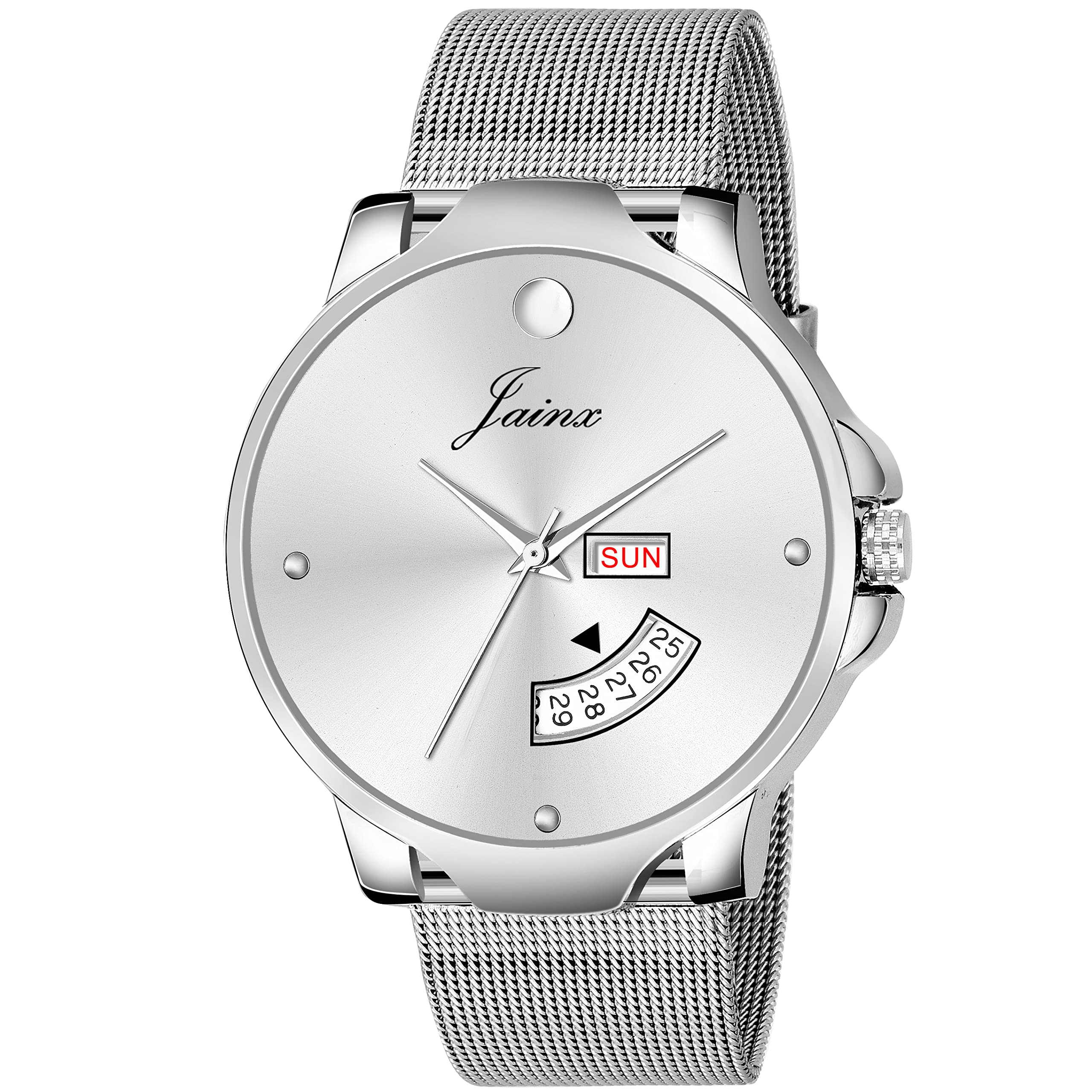 jainx Day and Date Silver Mesh Chain Analog Wrist Watch for Men - JM7117 (B09RN3JTBQ) Amazon Price History, Amazon Price Tracker