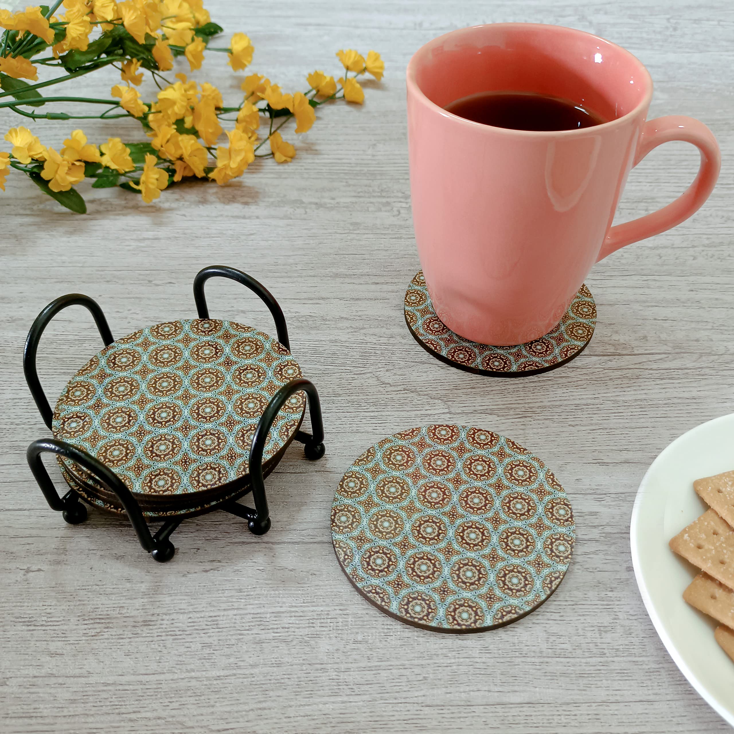 Picrazee Wooden Coaster Set of 6 with Wrought Iron Coaster Stand; Designer Coaster Set for Tea Cups, Coffee Mugs and Glasses (Seamless) (B0C4BGN2Z1) Amazon Price History, Amazon Price Tracker