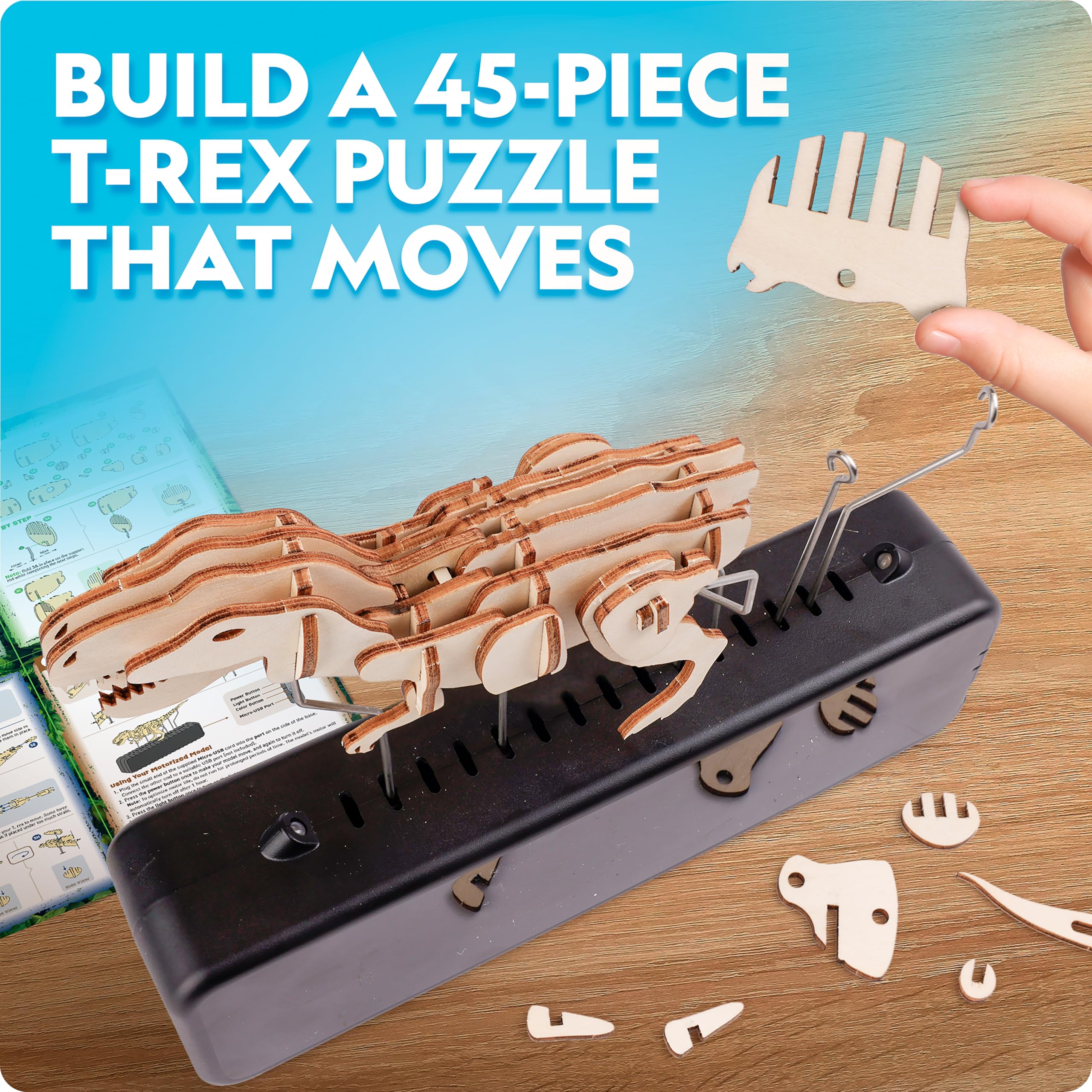 National Geographic Dinosauro T. Rex Motorizzato 3D – Kit Da 50 Pezzi In Legno Con Base LED E 8 Luci – Puzzle Costruibile Per Bambini