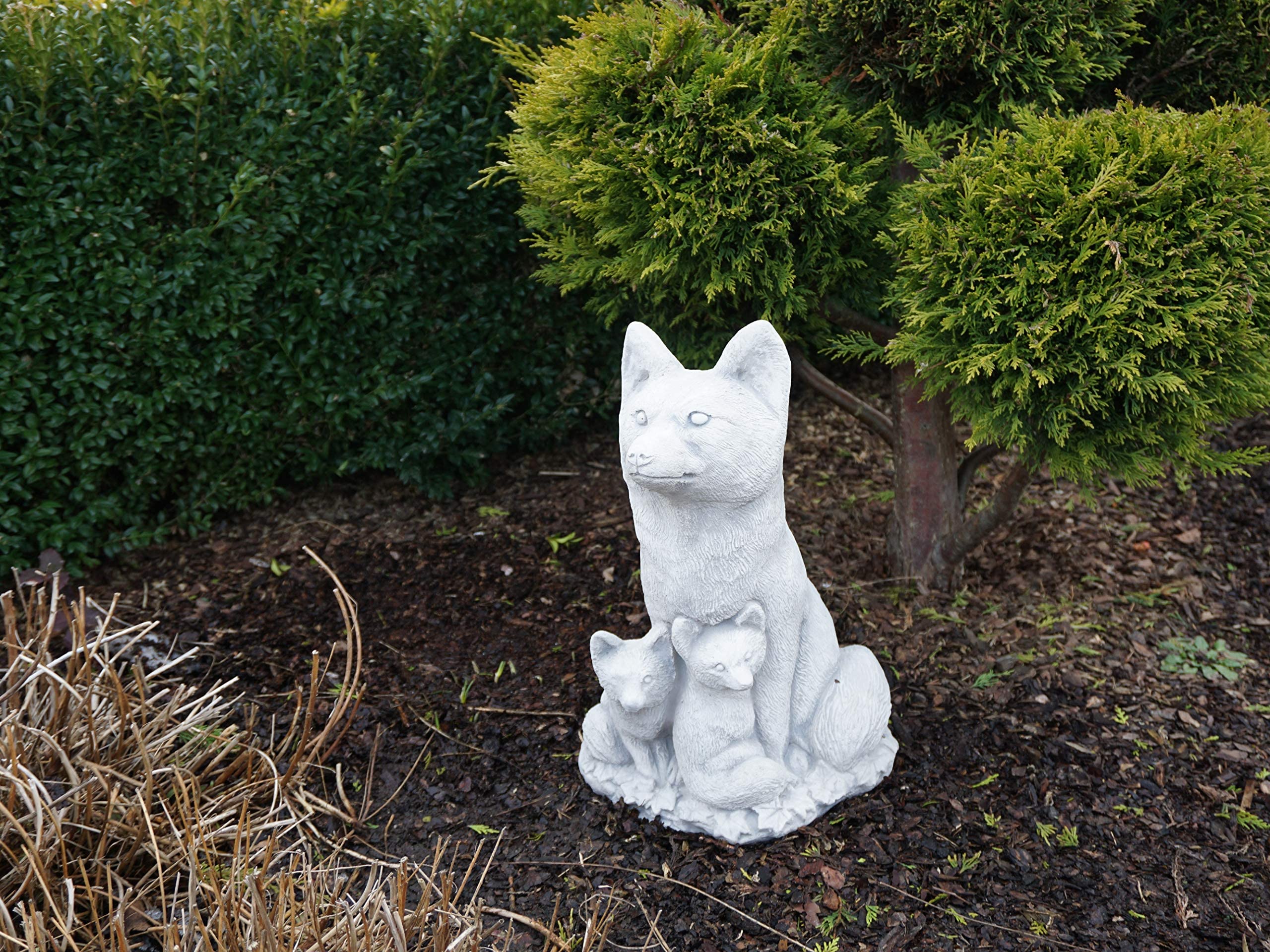 gartendekoparadies.de Fuchs - Familie, Steinfigur, H. 44 cm, 19 kg, Grau, frostsicher aus Steinguss für Außenbereich