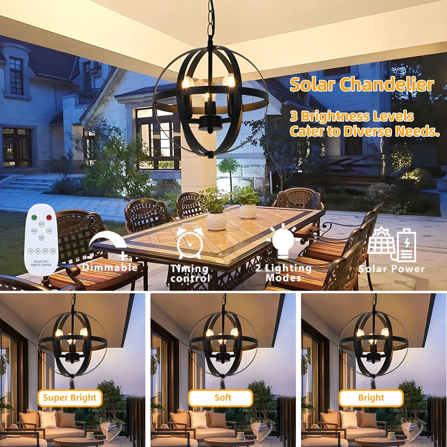 Solar Pendant Light,3-Light Globe Solar Chandelier Outdoor/Indoor,Black Metal Orb Design,Waterproof Dimmable Hanging Pendant Lights for Gazebo, Pergola, Canopy,Garden