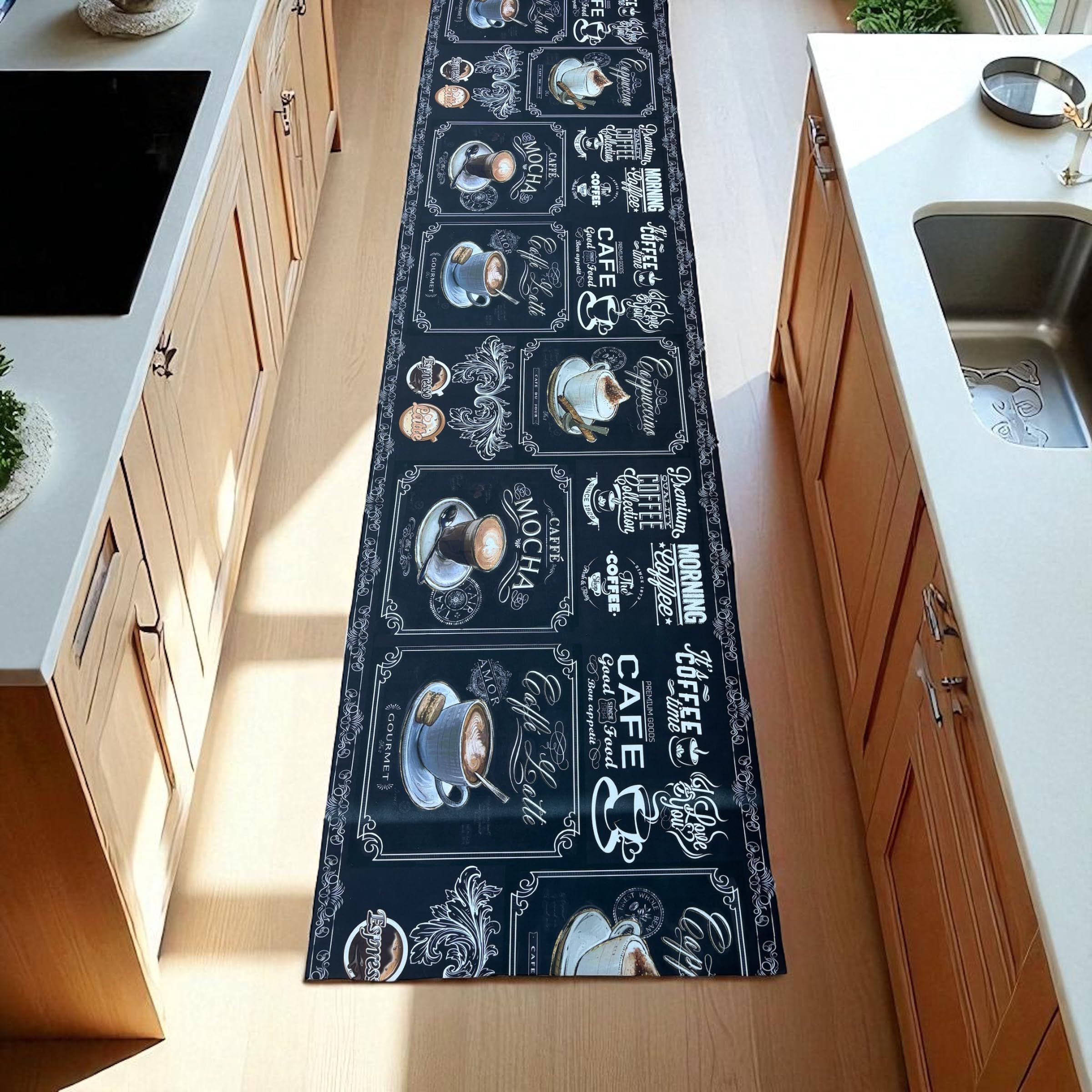 Tappeto Cucina Coffee Time Nero – Stile Chabby Chic Lavagna Vintage con Tazze Caffè | Super Assorbente, Antiscivolo, Lavabile in Lavatrice, Perfetto con Robot e Animali (cm_60_x_300)