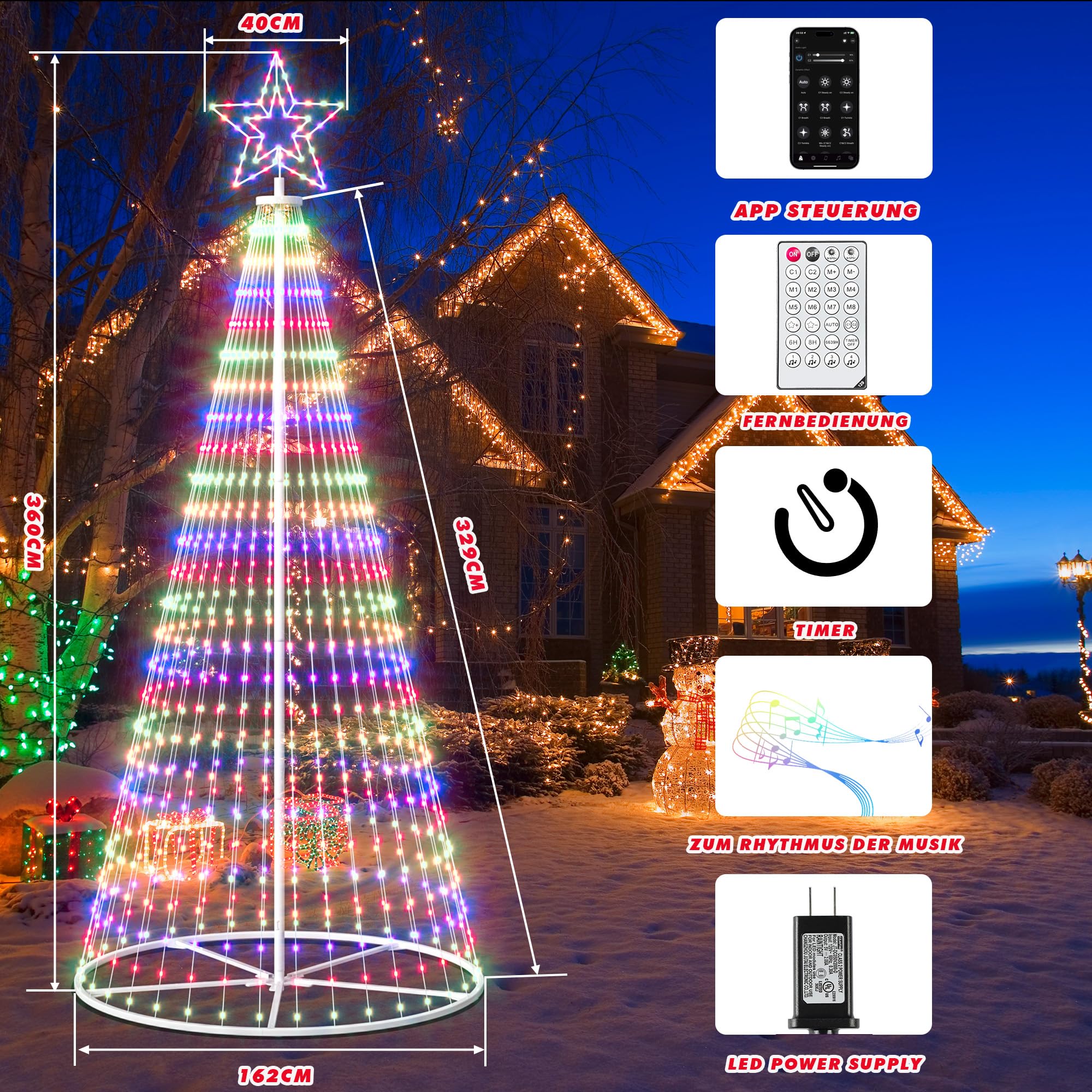 3,6M LED Weihnachtsbaum Metall Außen, Weihnachtsdeko Lichterbaum Outdoor - 660 LEDs mit Stern, App & Fernbedienung, Dimmbar, Timer, IP44 Wasserdicht - für Garten, Rasen (Warmweiß)