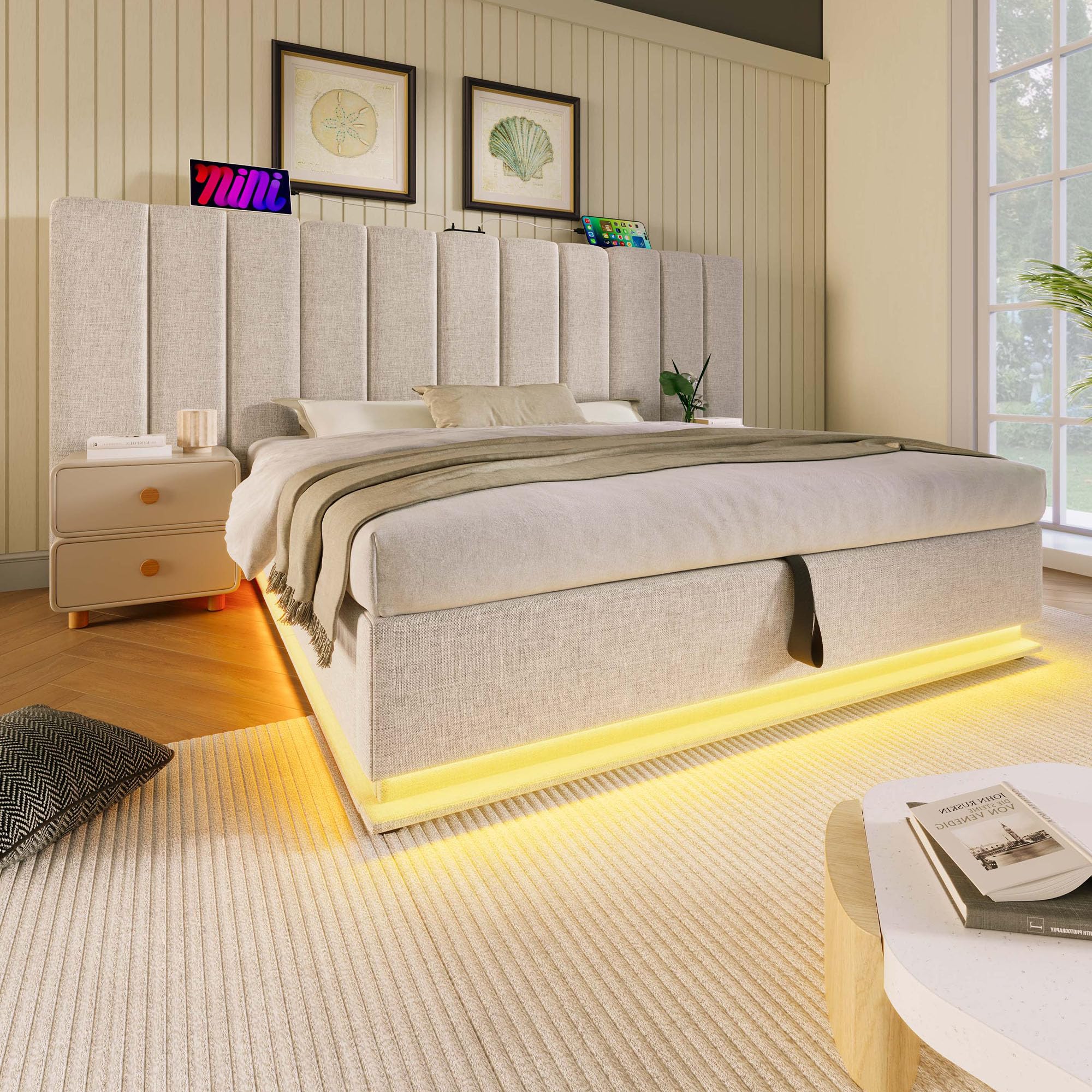 Kebnor Cama tapizada, cama doble con espacio de almacenamiento con App Control LED y función de carga USB-C, estructura de cama con somier, (sin colchón ni mesita de noche) (beige (lino), 180 x 200 cm