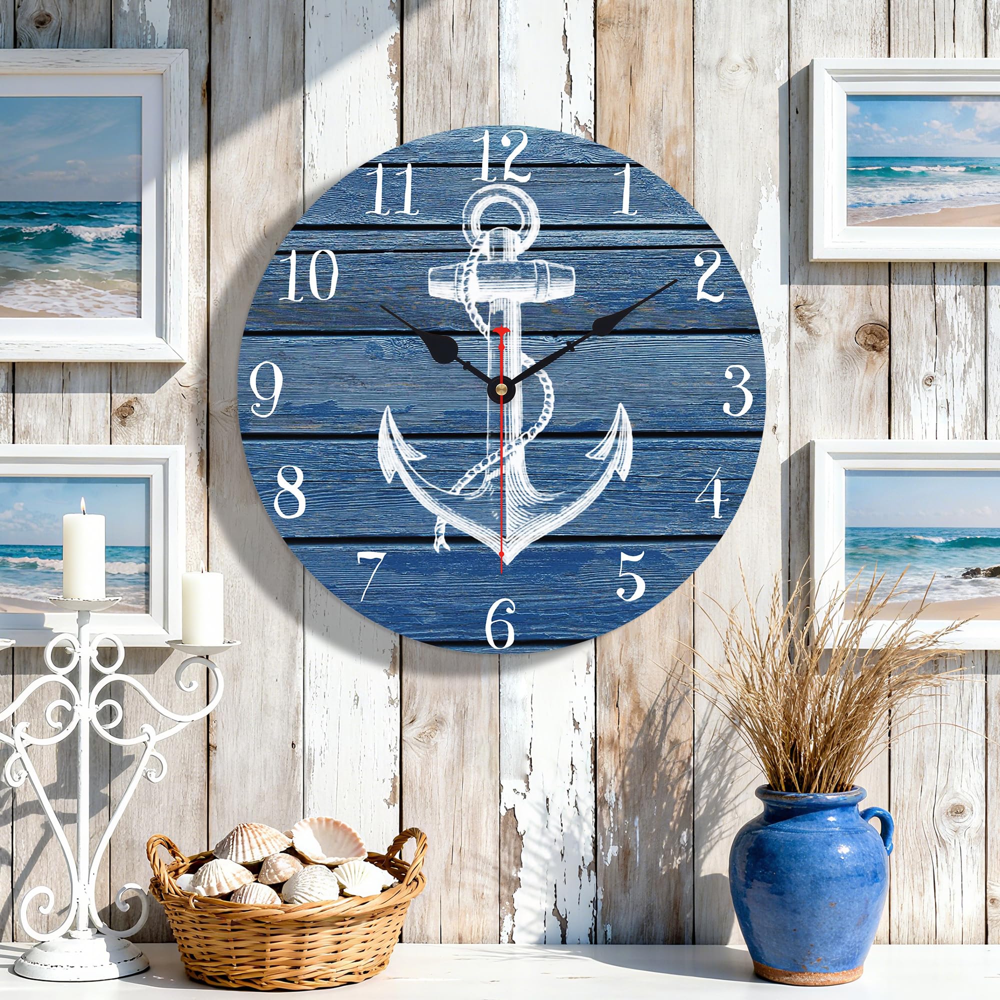 TAHEAT 34 cm Bianca Ancora Orologio da parete, Non ticchettio Orologi, Nautico Retrò In legno Numeri arabi Orologi, Facile da leggere Orologi da Parete per Cucina/Soggiorno/Camera da letto