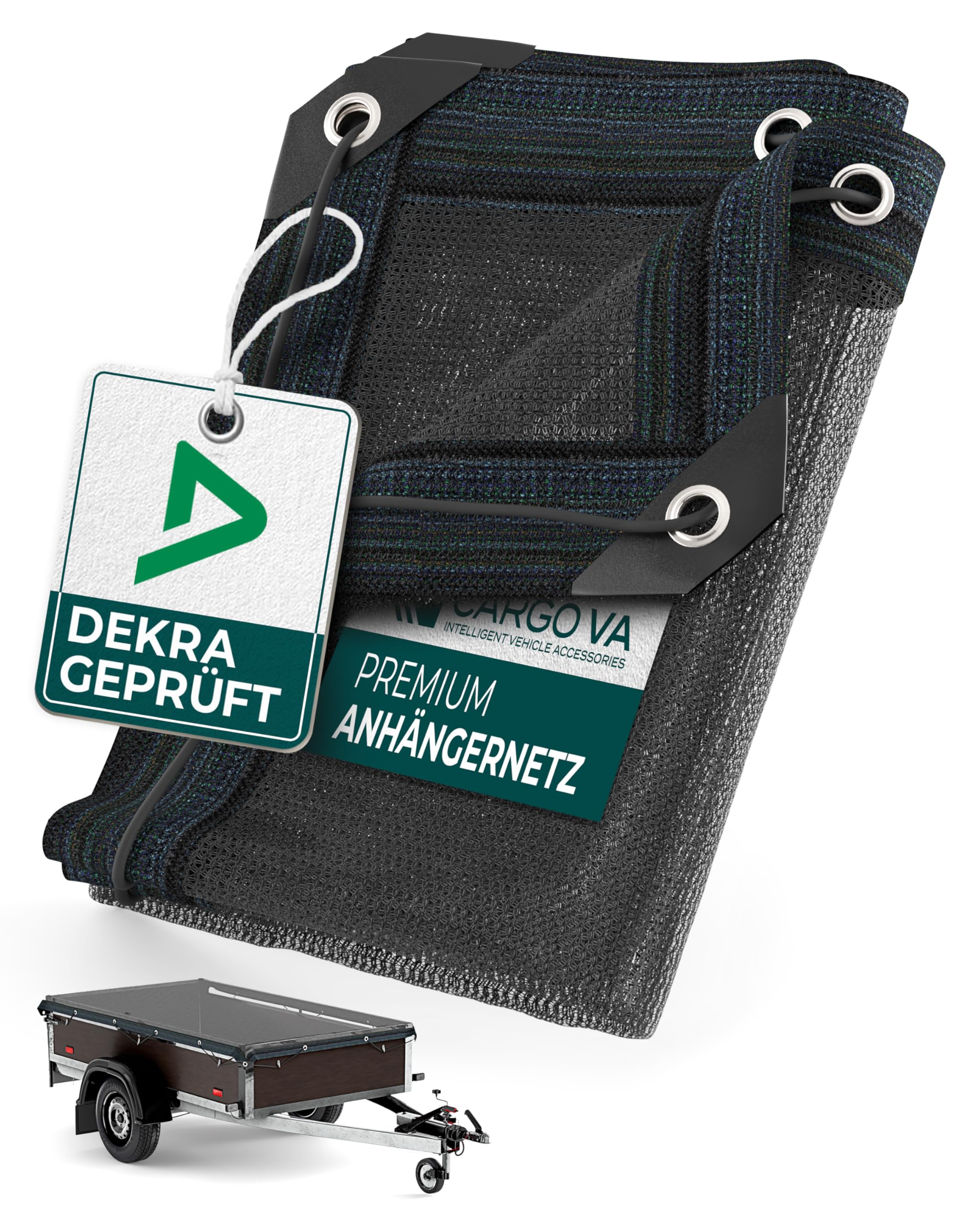 CargoVA® Anhängernetz Feinmaschig 2,5x4,5m [DEKRA Geprüft] - Abdecknetz mit Gummiseil - Ladungssicherungsnetz für Anhänger - Laubnetz StVO-Konform