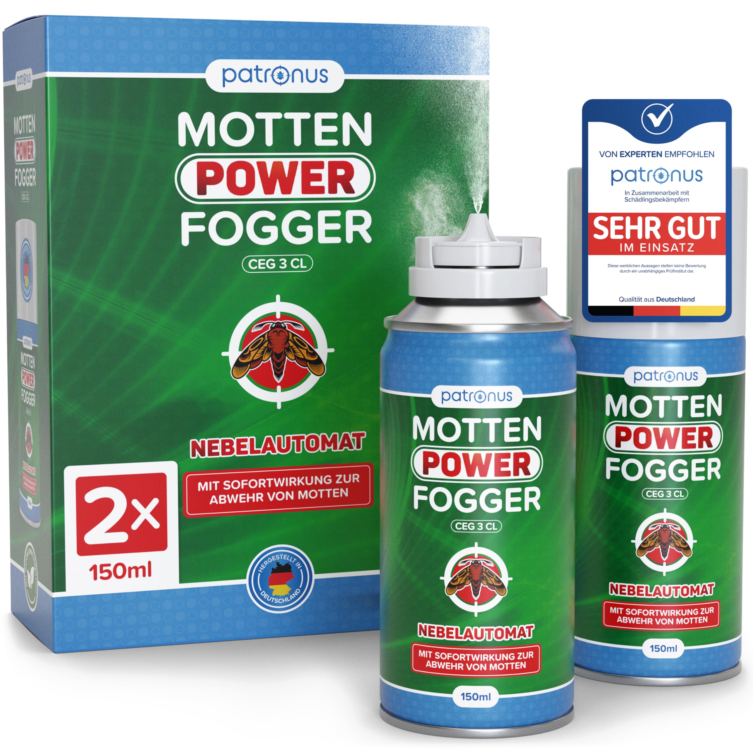Patronus Motten Power Fogger - 2x 150ml - effektiver Vernebler mit maximalem Sofortschutz gegen Motten, Kleidermotten, Lebensmittelmotten für schwierig erreichbare Motten-Verstecke