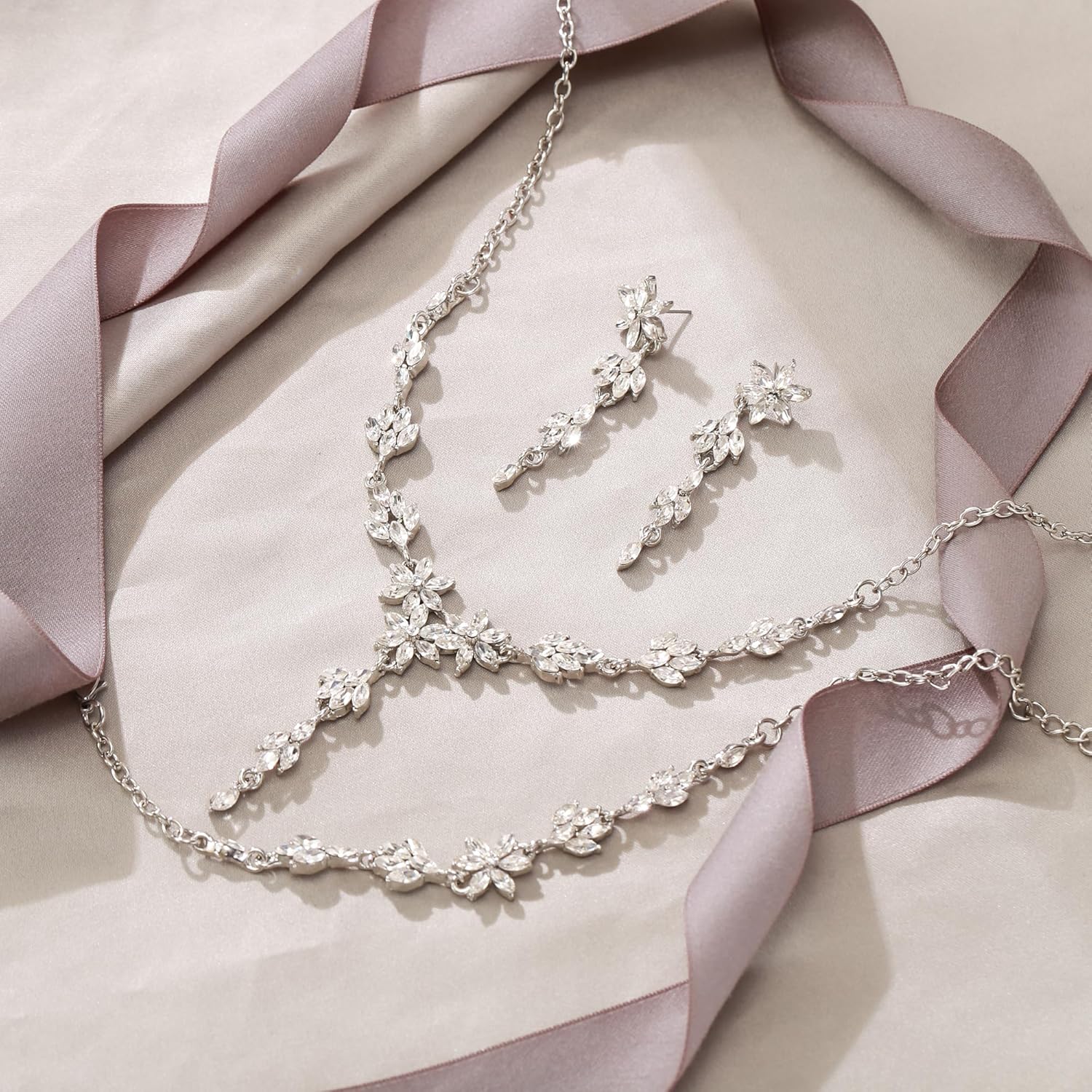 EVER FAITH Wedding Jewelry for Bride Bridesmaid, Stunning Rhinestone Crystal Flower Costume Prom Y-Shaped Necklace Dangle Earrings Bracelet Sets for Women - Image 4