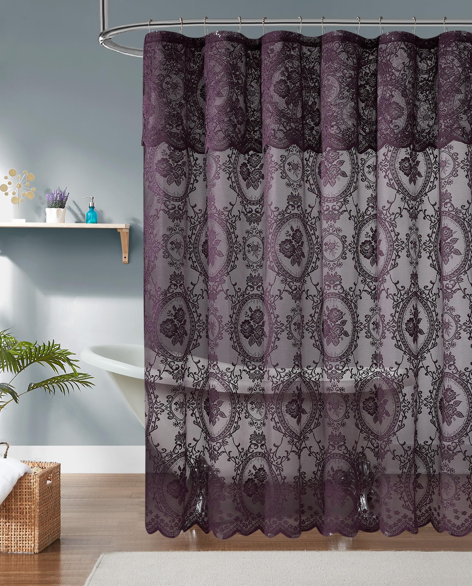 Noir Gothic Decor Dark Purple Lace Shower Curtain With Matching Valance. 72 Inch Gothic Shower Curtain Perfect For Goth Bathroom Decor. Goth Shower Drape Or Vintage Bath Curtain. Sh Purple 72