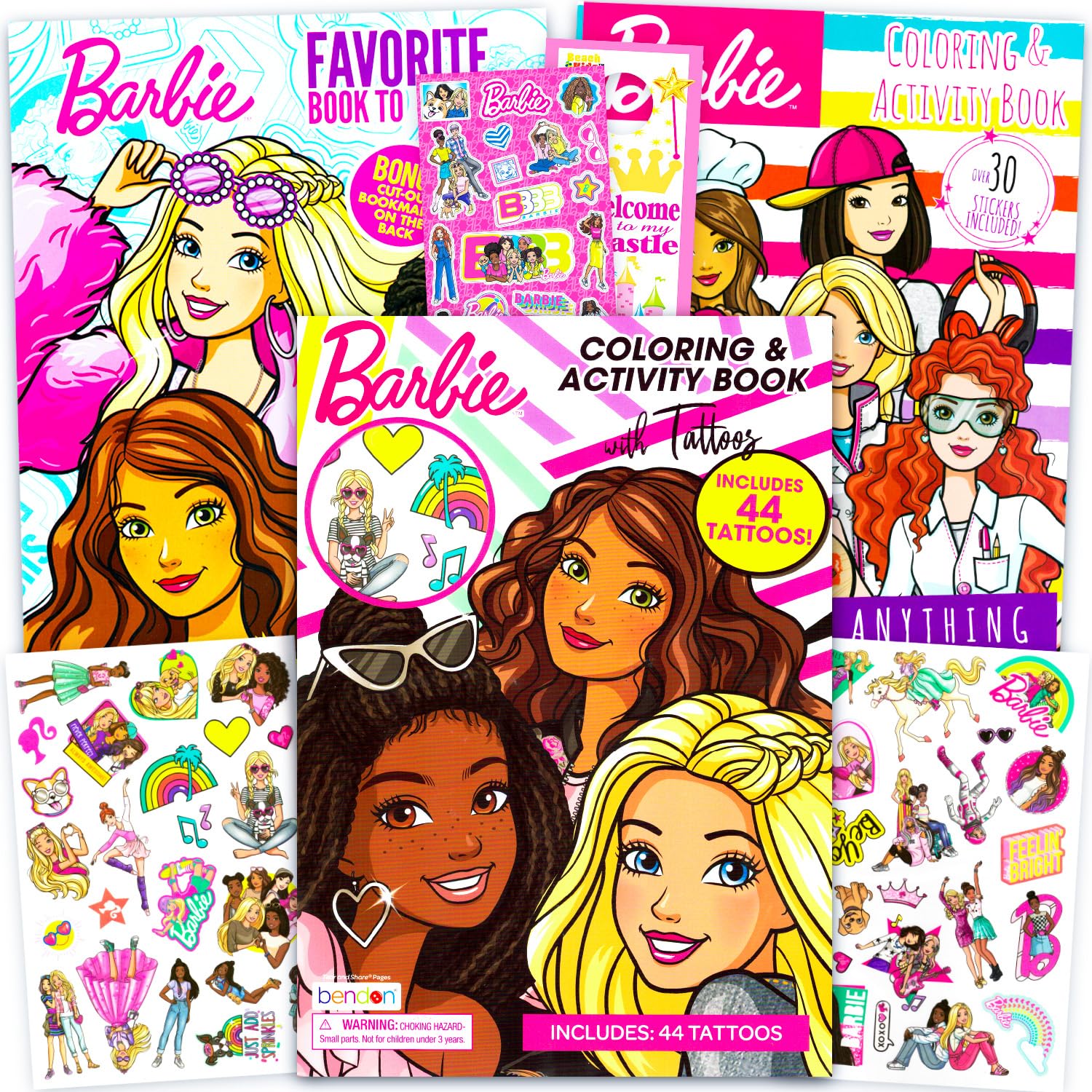 Barbie Confezione da 3 libri da colorare con adesivi, tatuaggi temporanei, altro | Confezione di forniture per feste Barbie per ragazze