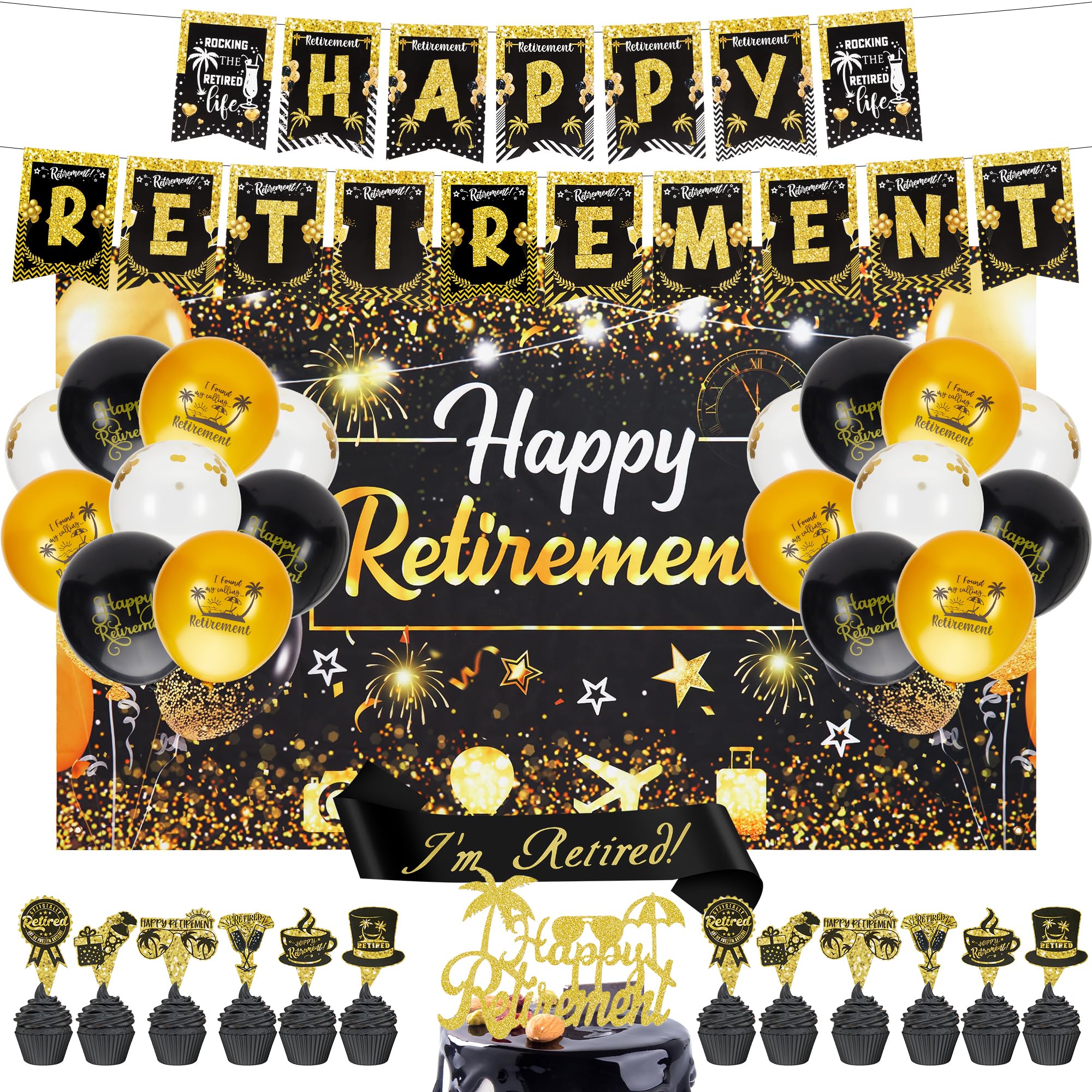 Retirement Party Decorations Set, Black Gold Party Supplies for Male Female