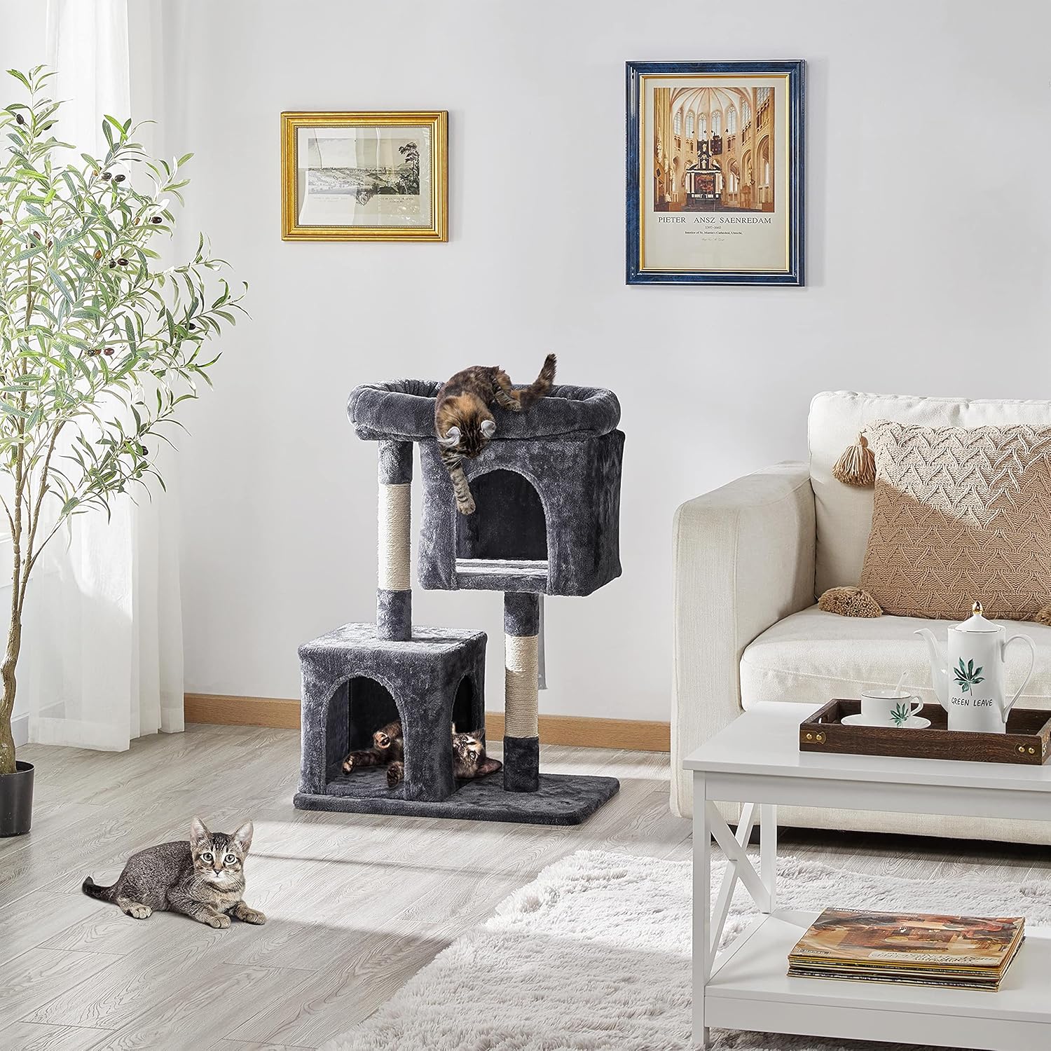 Yaheetech Cat Scratching Post, 33in H Cat Scratcher with Sisal Rope, Cat Furniture w/Large Condos＆Top Perch for Indoor Kitten/Adult Cats, Dark Grey