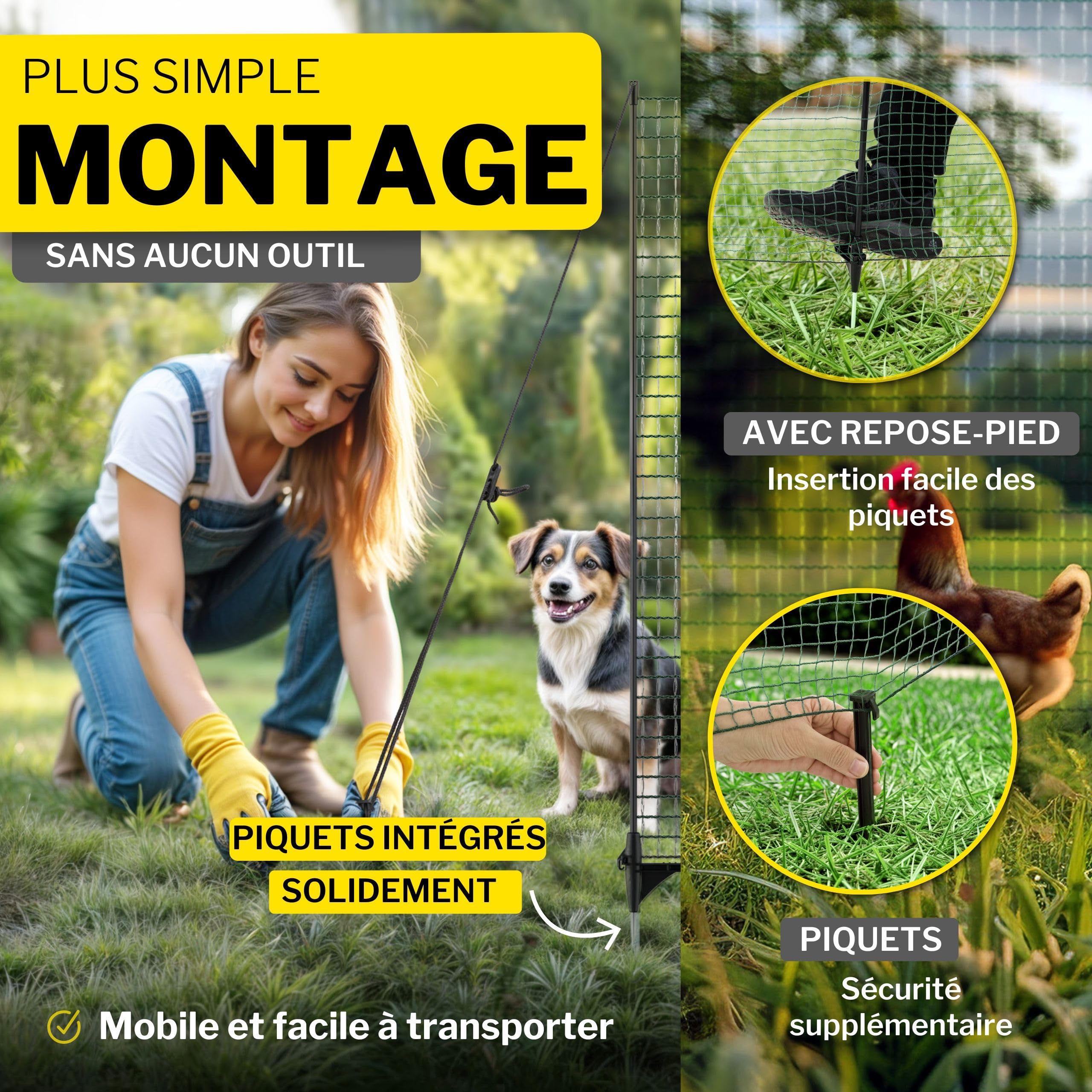 horizont clôture jardin FIX 15 m x 65 cm à mailles serrées avec 9 piquets - clôture chien, filet poule, barrière jardin, filet clôture chien, cloture jardin exterieur, clôture potager