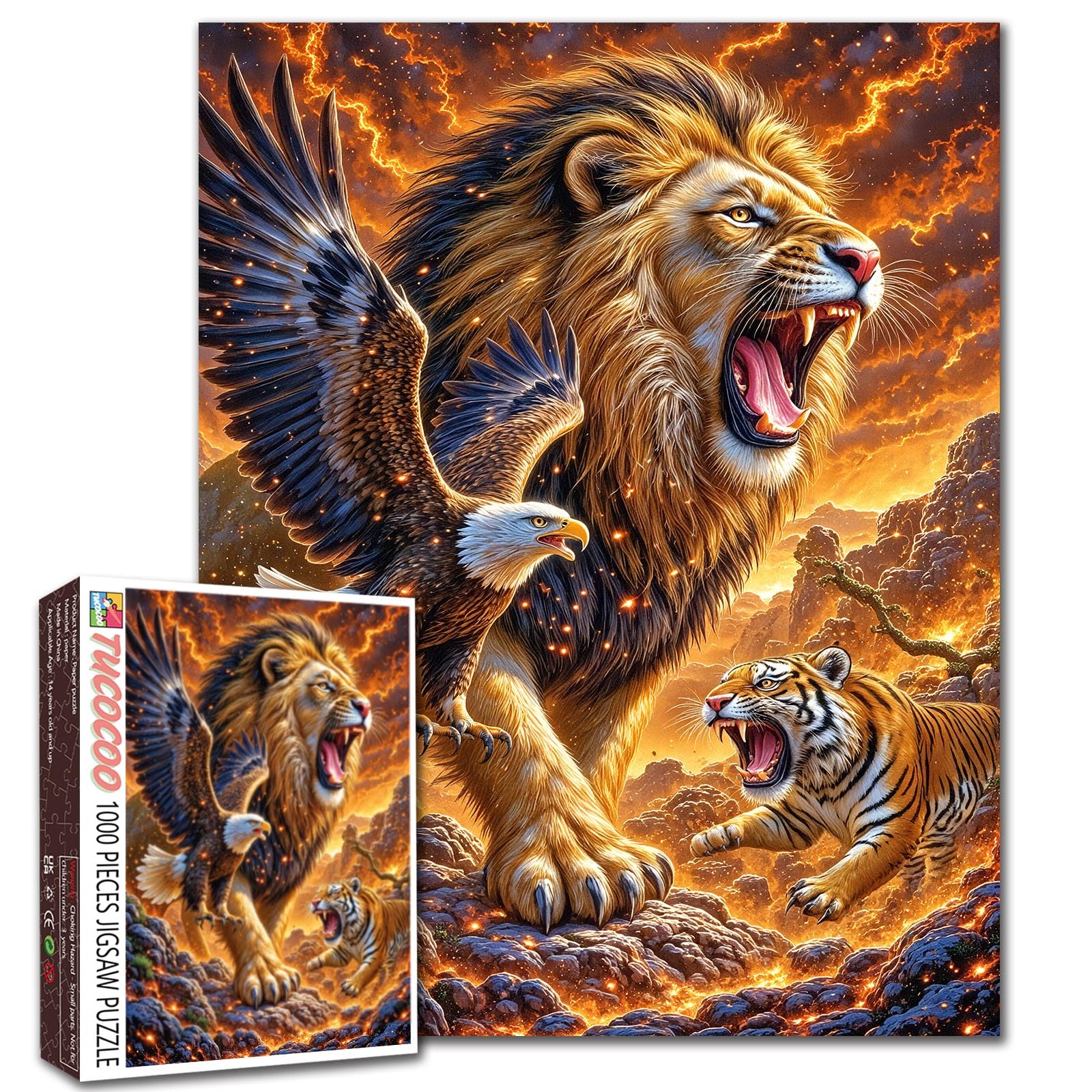 The Fierce Lion Puzzle Bald Eagle and Tiger Animal Jigsaw Volcanic Eruption Picture 1000 Pieces for Adults Beginner Challenging Family Activity Games DIY Crafts Puzzle for Home Decor Gifts โ image 1