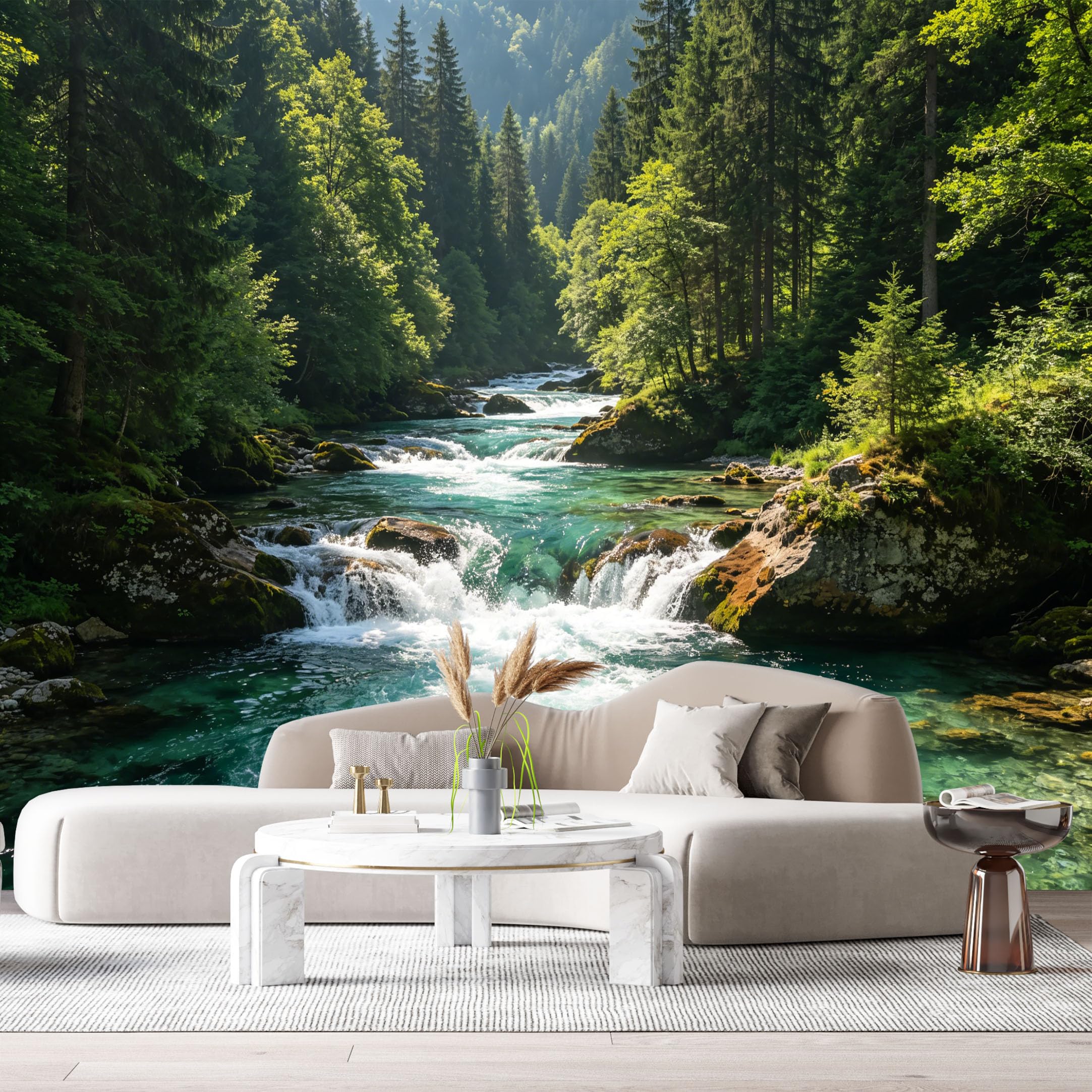 Custom Size Wall Murals Forest River Landscape Waterfall Mountain Stream Natural Green Woods SelfAdhesive Wall Fabric Removable Large Wallpaper for Photo Living Room