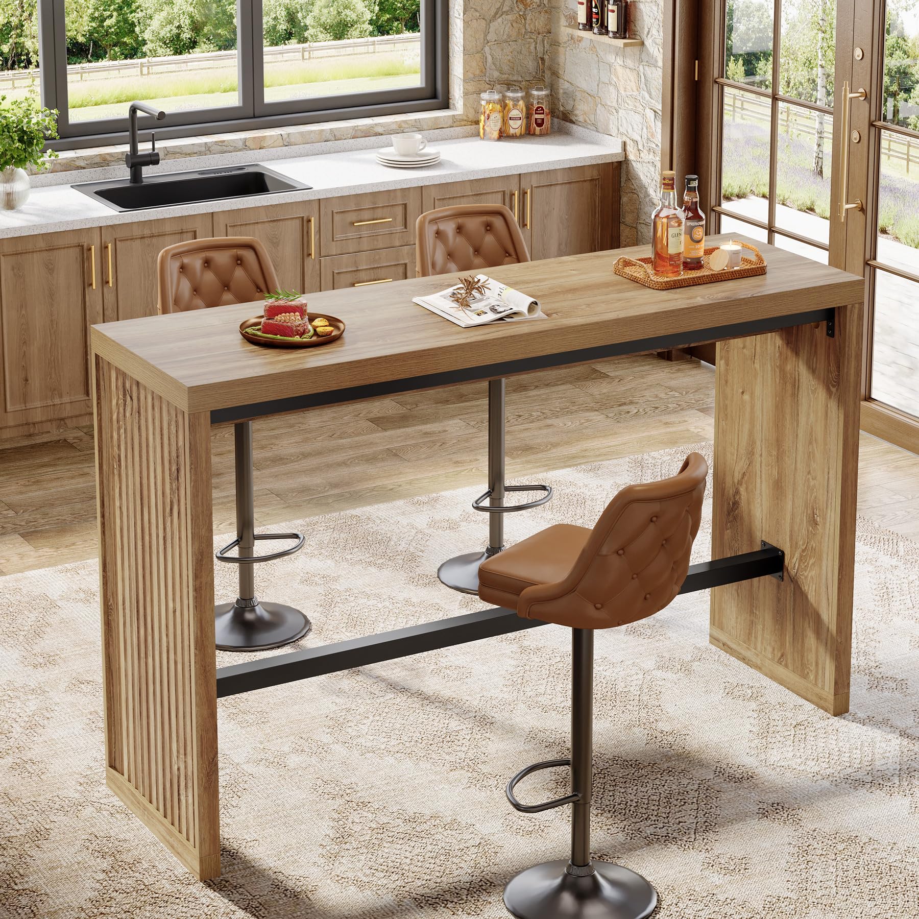 Tribesigns Bartisch, 140 cm Thekenhöhe, Kneipentisch mit Metall-Fußstütze, Rechteckig, Hohe Theke, Esszimmermöbel für Zuhause, Bar, Küche, Esszimmer, Bistro, Wohnzimmer, Rustikales Braun