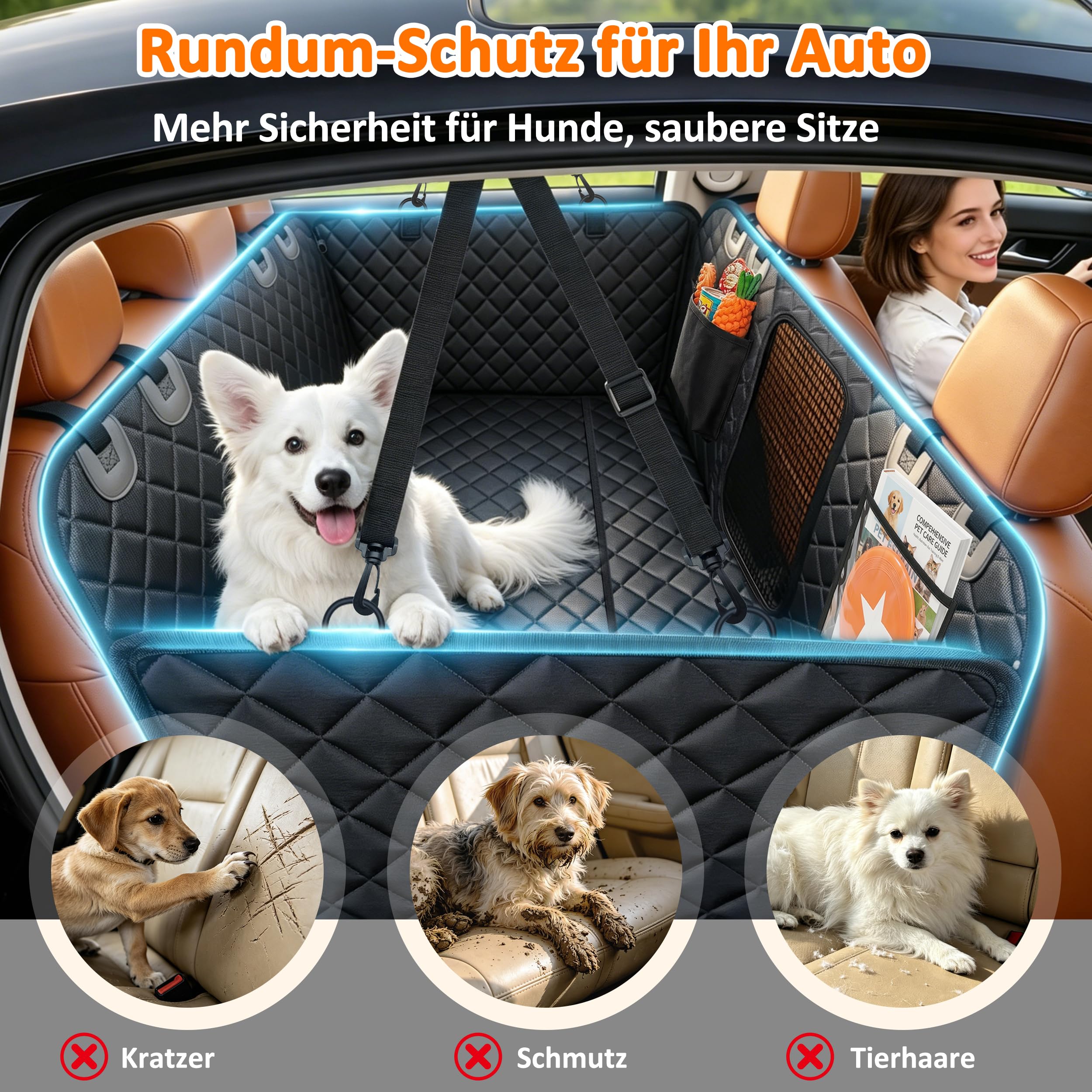 Coprisedile Auto per Cani Sedile Posteriore con Fondo Rigido, 137 x 63 cm, Telo Auto Cane XL con Pannello PP a Nido d’Ape Rinforzato, Impermeabile in Oxford 600D, Finestra in Rete