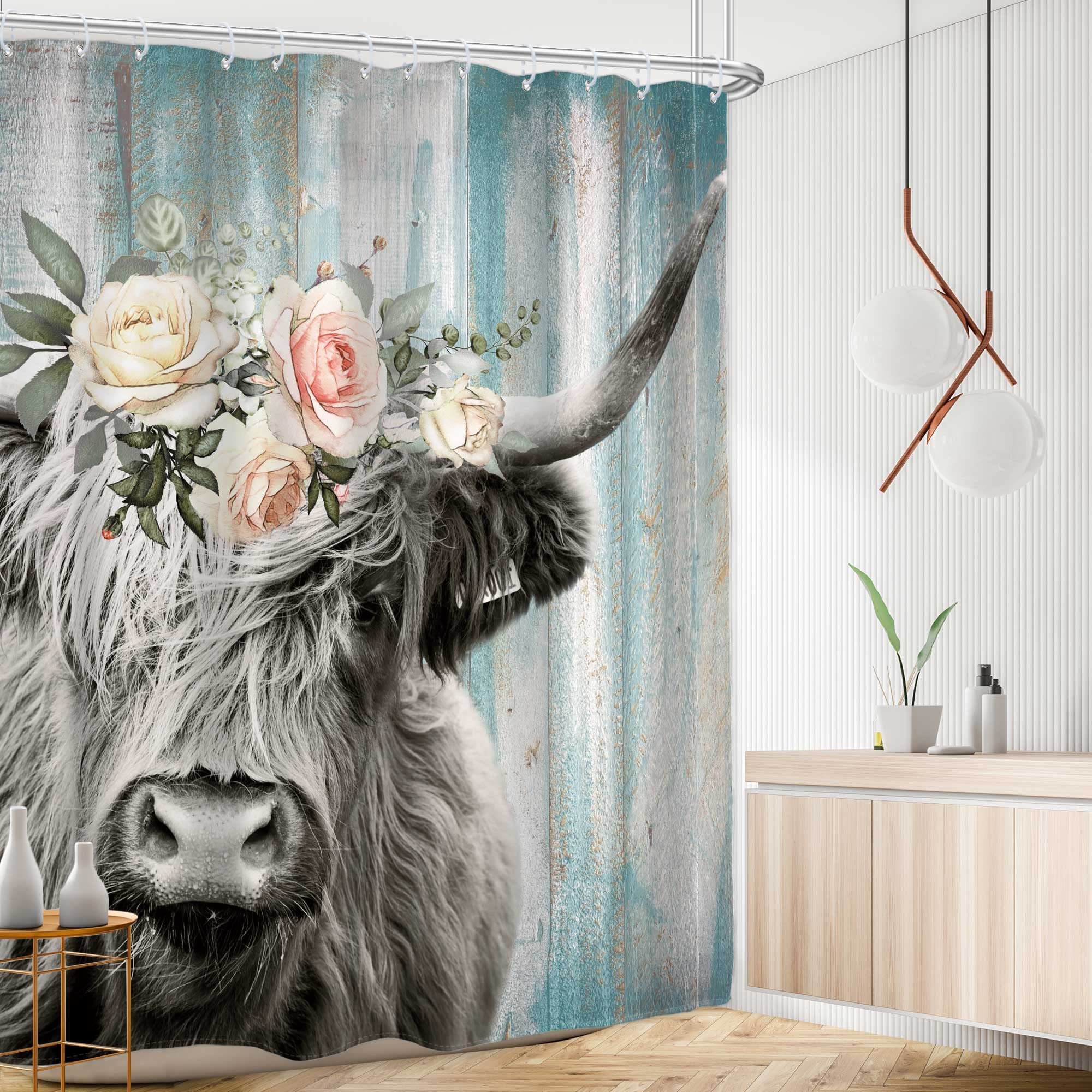 Tenda da doccia rustica occidentale per bagno, divertente Longhorn Bovini mucca tenda da doccia set Western Desert Cactus tenda da doccia carino in tessuto fattoria con 12 ganci 70 x 70 cm