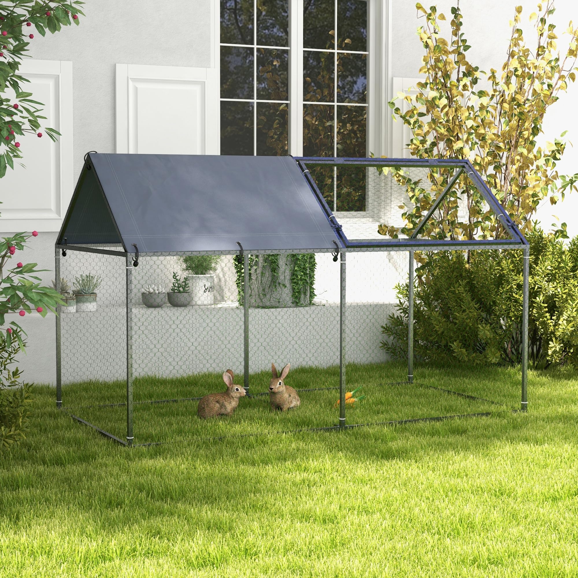 PawHut Jaula para Animales Pequeños Puerta Superior 198x100x120 cm Plata | Parque para Mascotas de Acero, 1 Tela Superior de Anti-UV, para Exterior Jardín