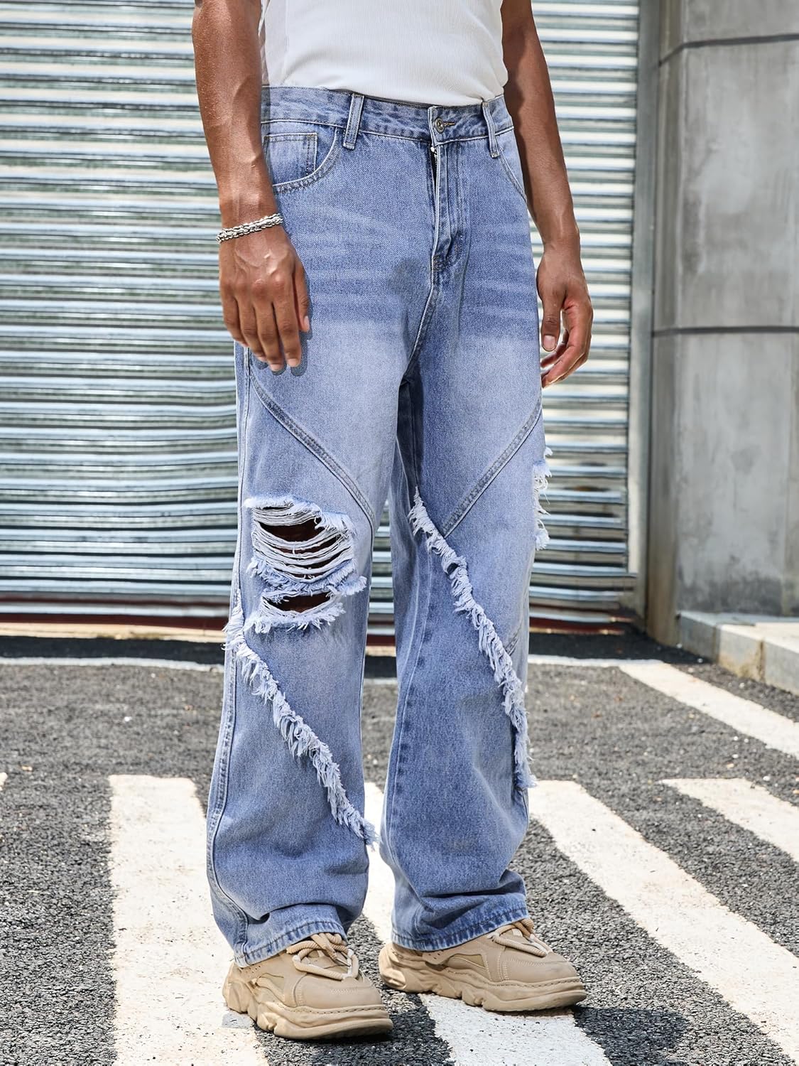 Mens Ripped Jeans Relaxed Fit Straight Leg Y2K Denim Pants Hip hop Streetwear Trousers - Image 4