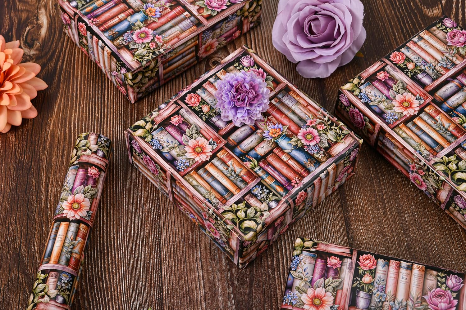 Sikiweiter Bookshelf Floral Wrapping Paper Roll - 17" x 16.5 Feet - Vintage Books and Flowers Design Elegant Gift Wrap for All Occasions(Bookshelf) image 3