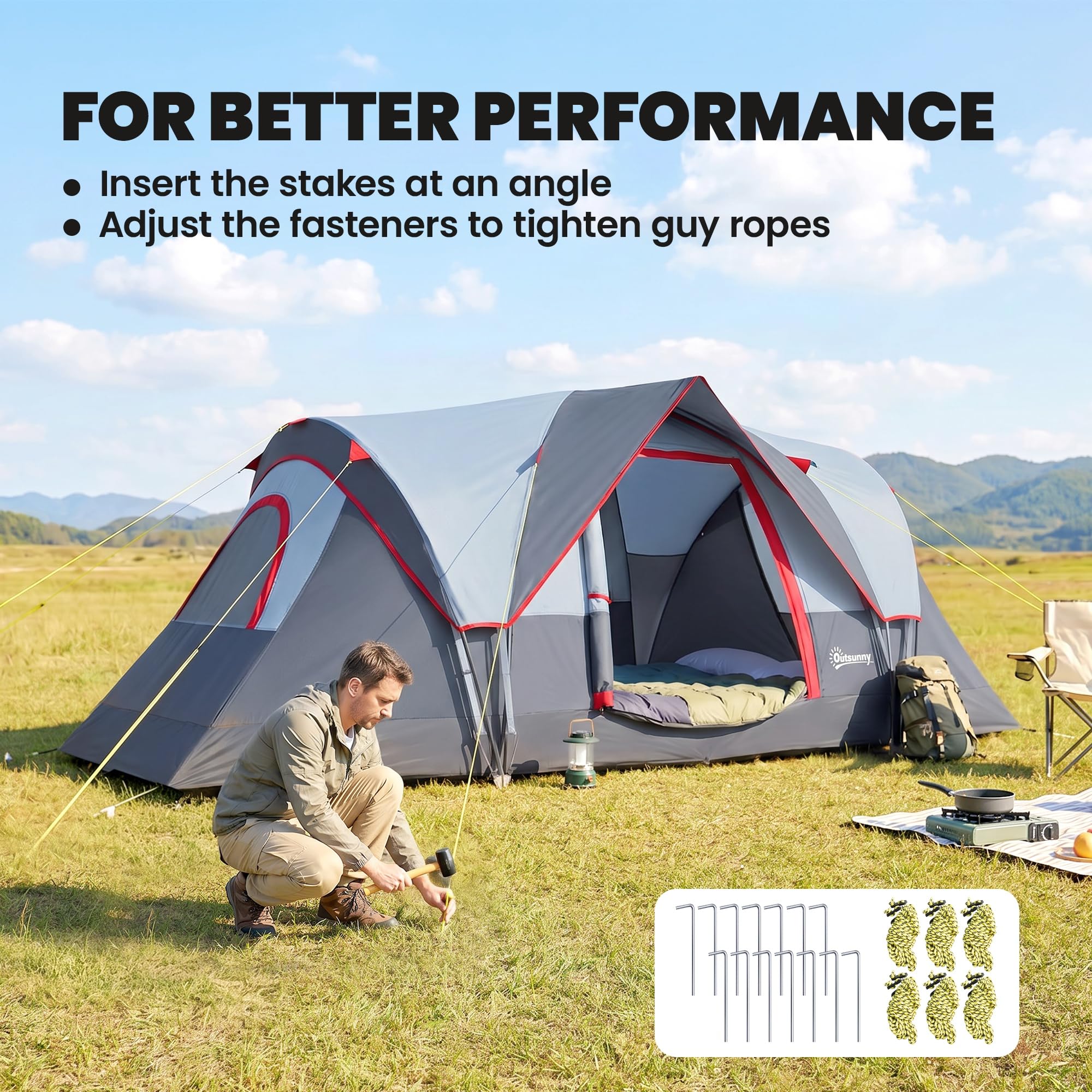 Outsunny Tente de Camping familiale 5 pers. - Tente tunelle ventilée Facile à Monter - Grande Porte + 2 fenêtres - 4,55L x 2,2l x 1,8H m Fibre Verre Polyester Oxford