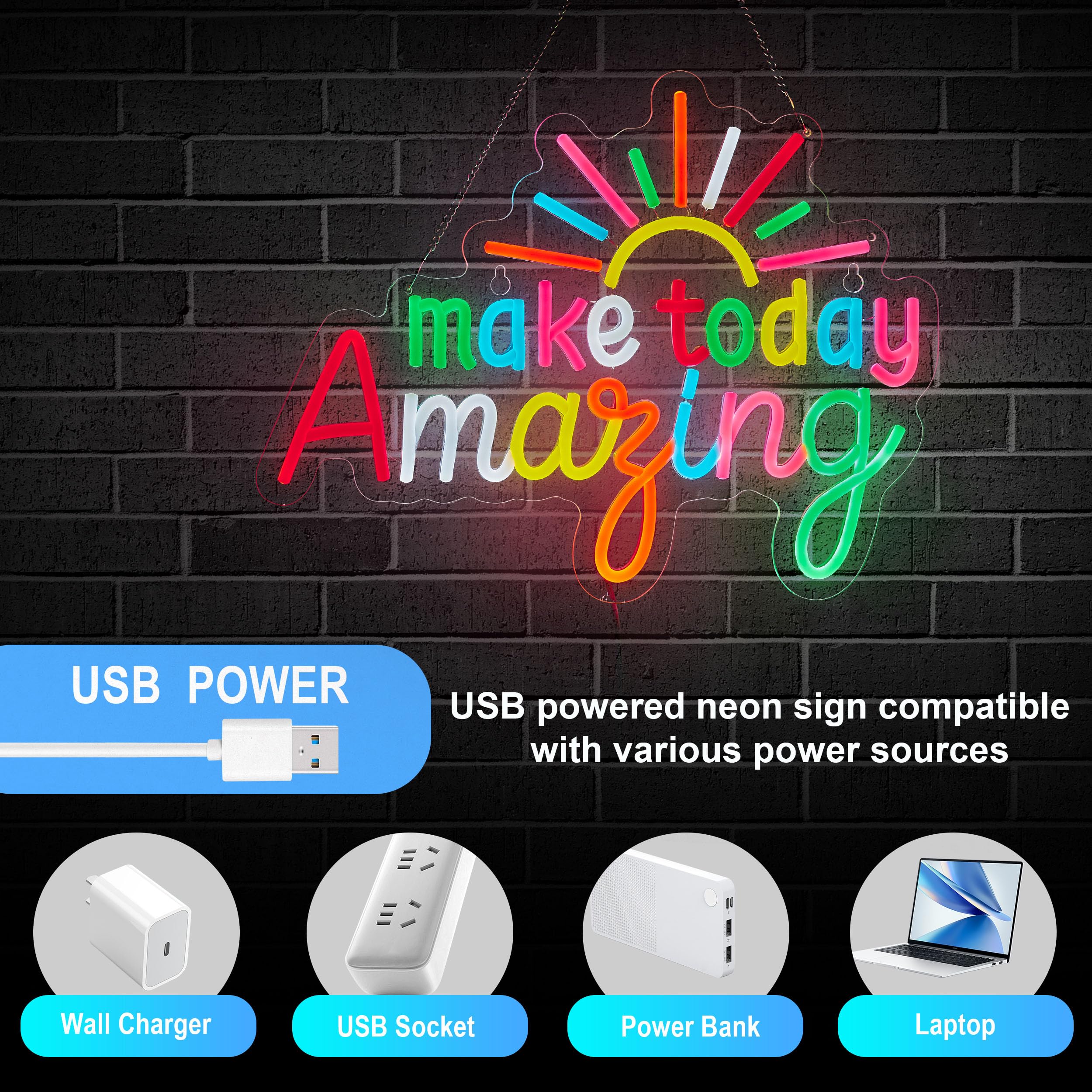 Make Today Niesamowity neonowy znak do klasy, dekoracja ścienna, możliwość ściemniania, cytat pozytywny i górny, lampka neonowa, zasilana przez USB, tęczowy kolor, podświetlany znak na ślub, do
