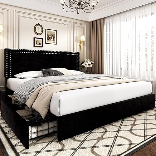 Miniatura 314 de VECELO Base de cama de tamaño matrimonial con cabecera tapizada ajustable, plataforma de listones de madera, diseño sin ruido, fácil montaje Negro