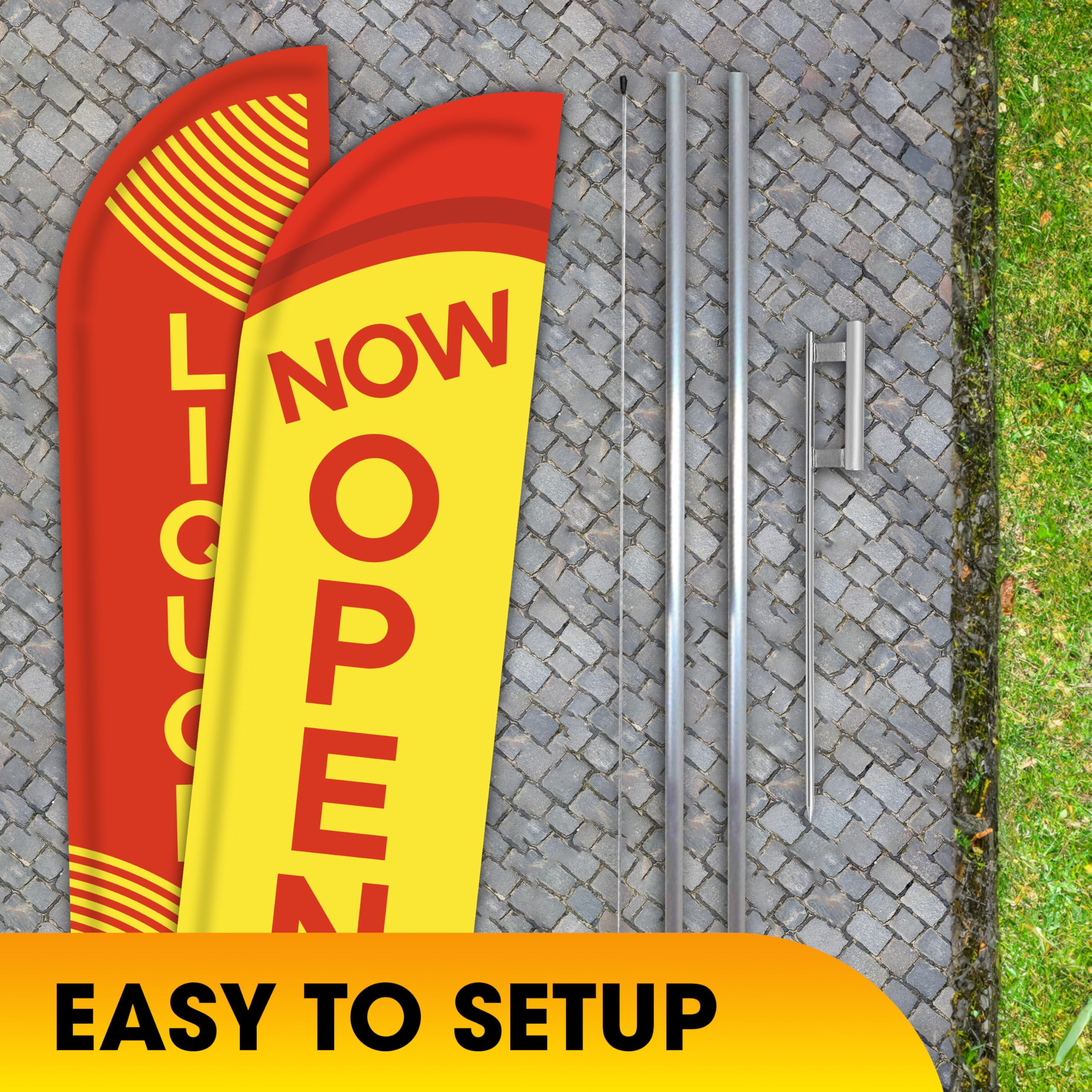 Liquor Now Open King - Juego de 2 carteles de bandera sin viento con poste híbrido completo