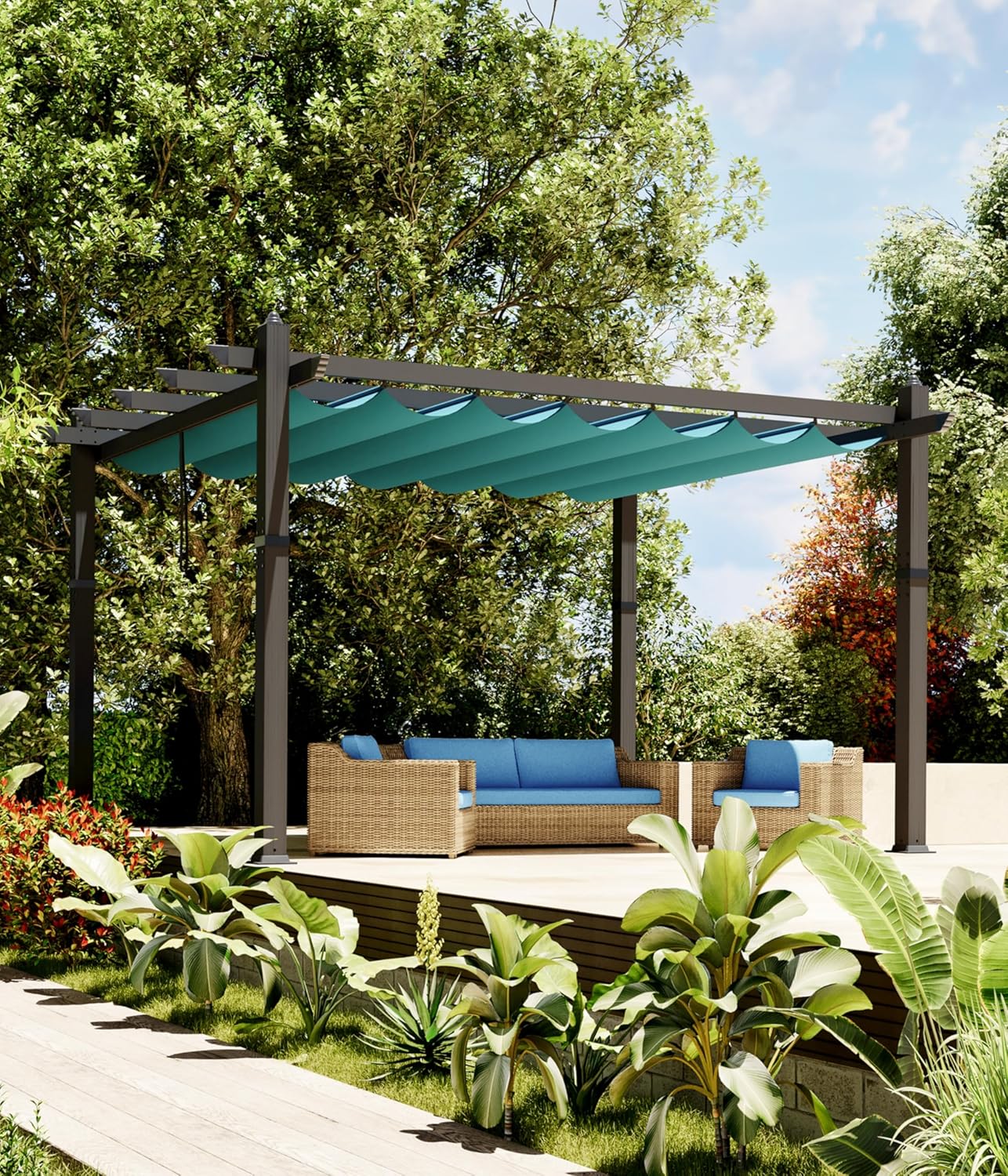 GAOMON 10x13 Ft Outdoor Aluminum Pergola, Heavy-Duty Patio Pergola with Retractable Canopy Sun Shade Cover, UV-Resistant Metal Gazebo for Existing Deck Backyard Garden Porch, Blue