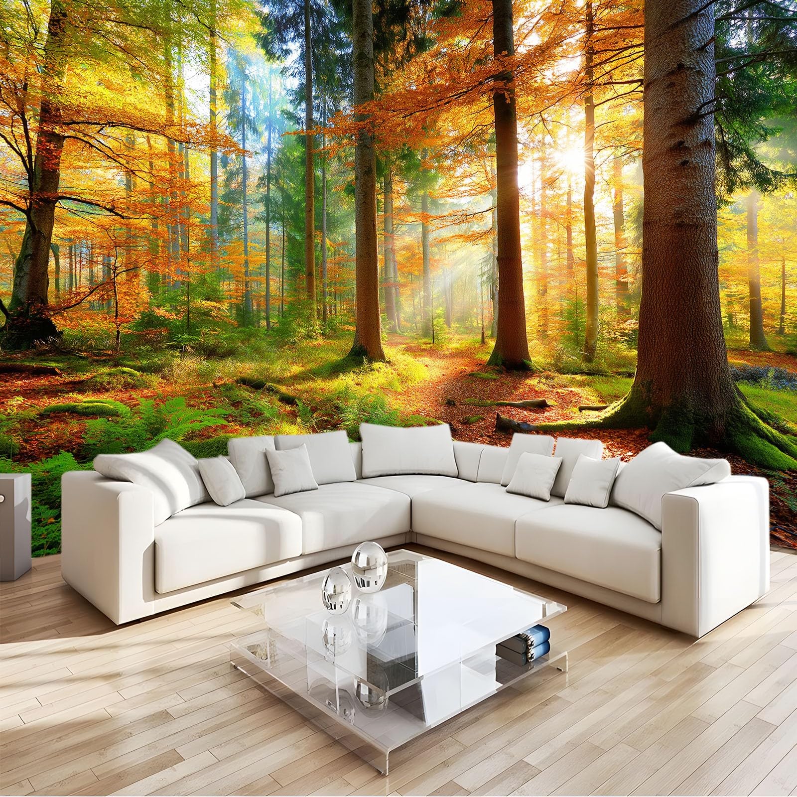 Tapeta Nordic Las Drzewa Mech Roślinność 200 x 140 cm Panoramiczny Zielony Szałwia Fototapety Dekoracja ścienna do sypialni salonu, pokoju dziecięcego, tła TV
