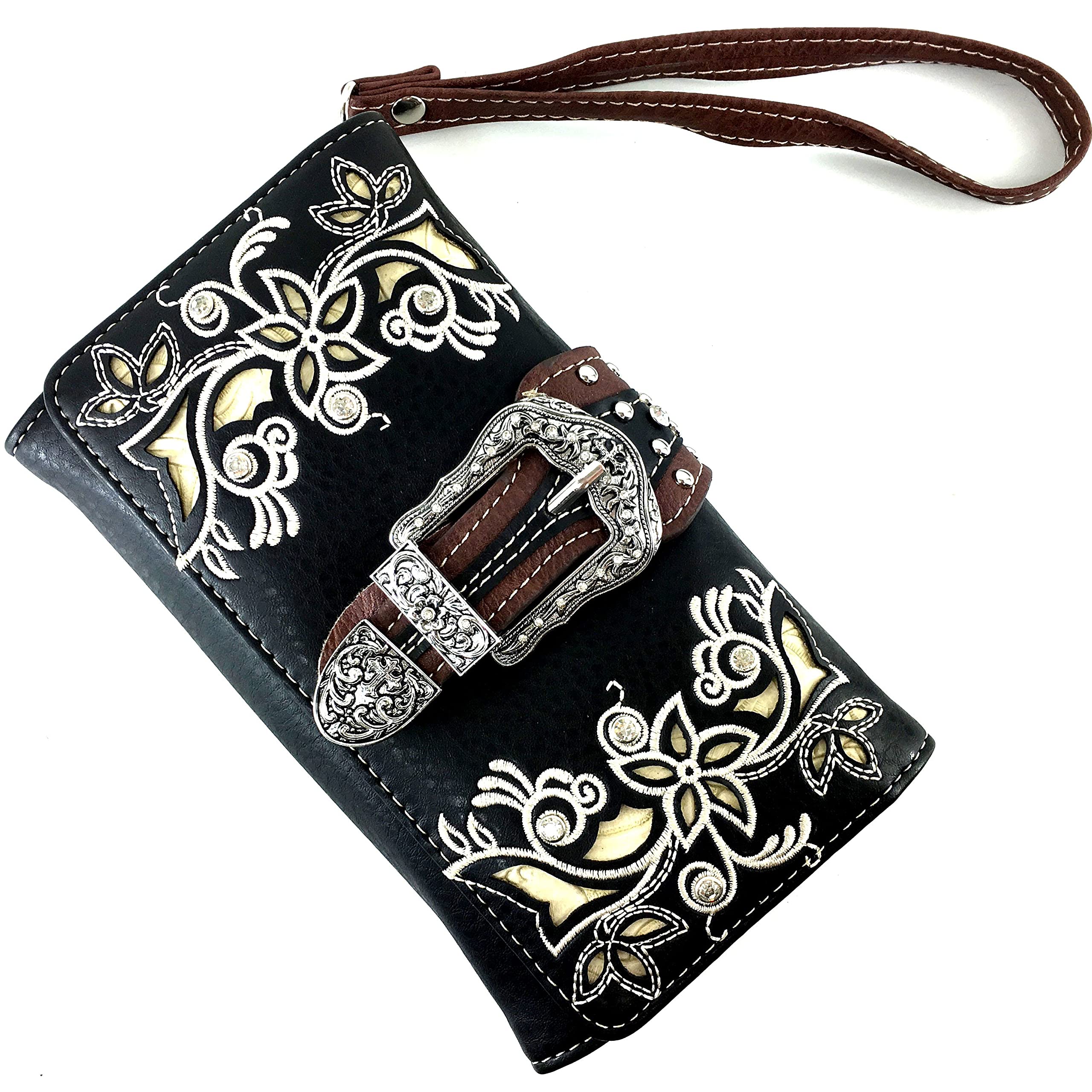 Justin West Silver Rhinestone Buckle Studded Tooled Leather Laser Cut Wristlet Trifold Wallet Attachable Long Strap