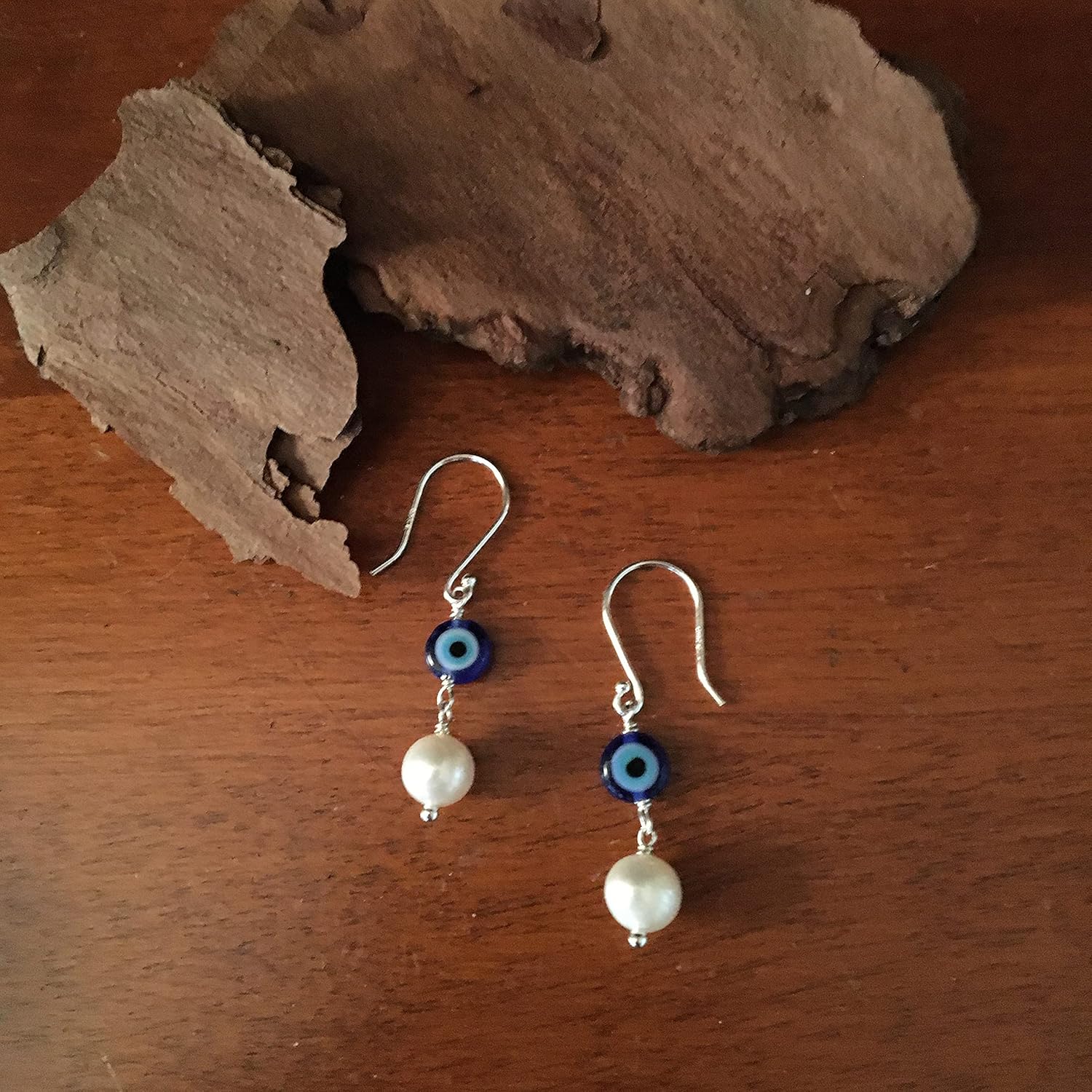 Evil Eye and White Cultured Freshwater (5.5-6mm) Potato-shaped Pearls Drop Earrings with Sterling Silver Fishhook Ear Wires