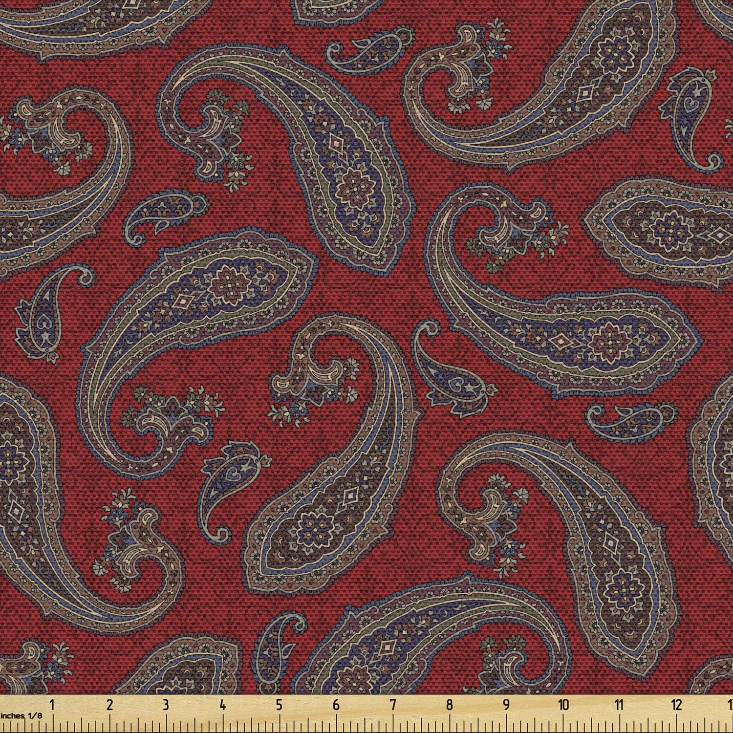 Lunarable Paisley Fabric by The Yard, Vibrant Colored Paisley Design Teardrop Motifs Traditional Droplet Print, Decorative Fabric for Upholstery and Home Accents, 2 Yards, Purple Brown and Ruby