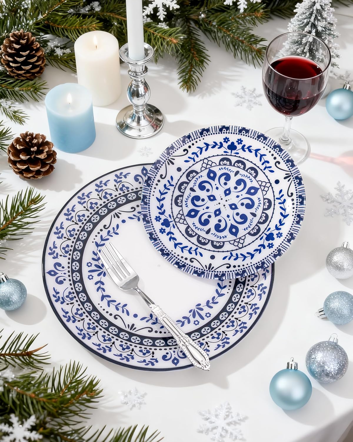 Hioasis 60pcs Blue Plastic Plates Set - Floral Blue & White Porcelain Design, 10.25" Dinner & 7.5" Dessert Plates Disposable for Wedding (Dishwasher Safe, Traditional Style) - Image 2