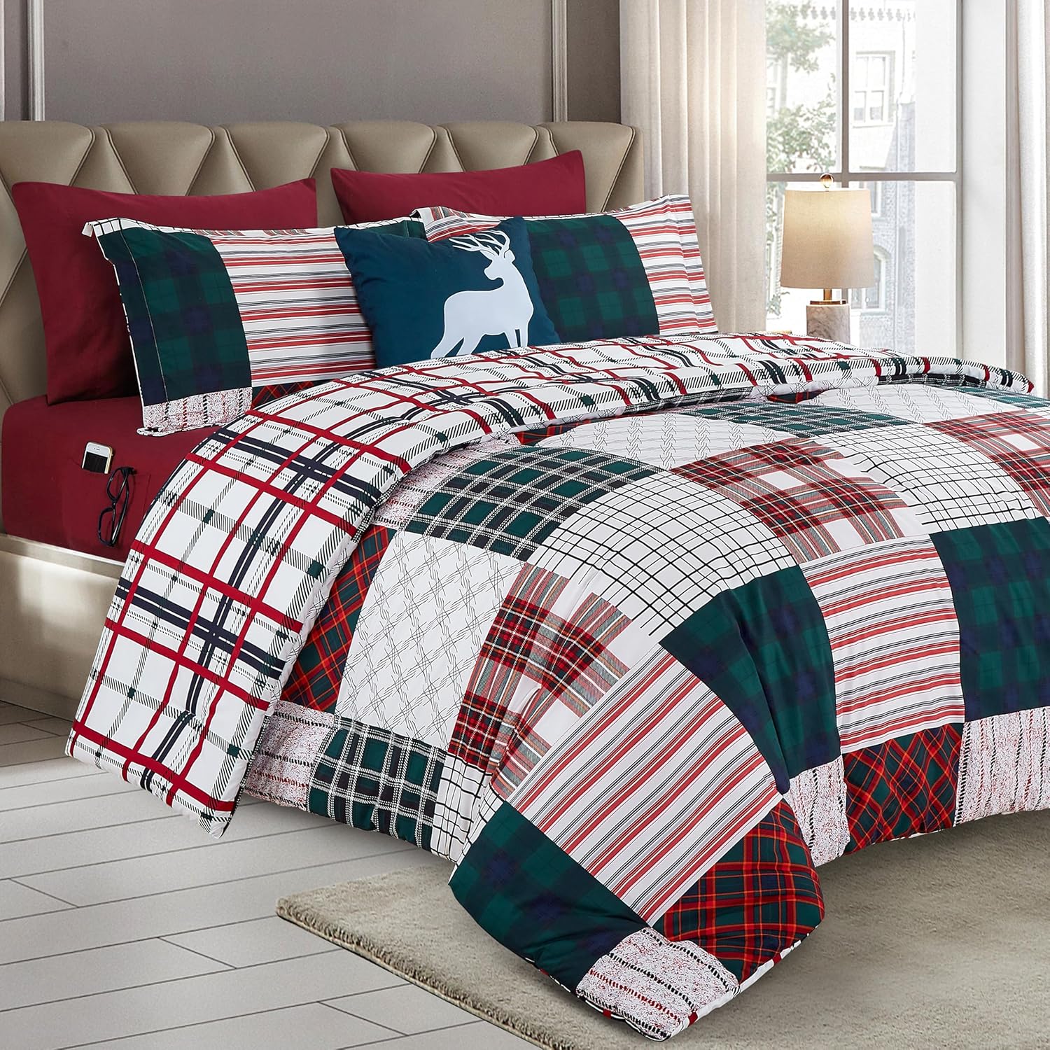 Elegant Comfort 8-Piece Cabin Lodge Patch Reversible Comforter Set – All Season Bed in a Bag, 4-Piece Sheet Set Featuring Smart Pockets, Matching Shams and Decorative Pillow, Full/Queen, Burgundy