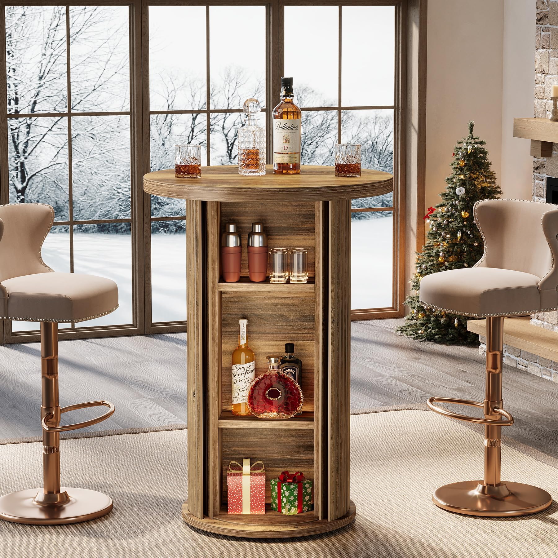 Round Bar Table, 35.4" Rustic Cocktail Table with 3-Tier Hidden Storage Shelves, High Top Bistro Pub Table with Slide Door for Small Spaces, Kitchen, Parties (1, Brown)