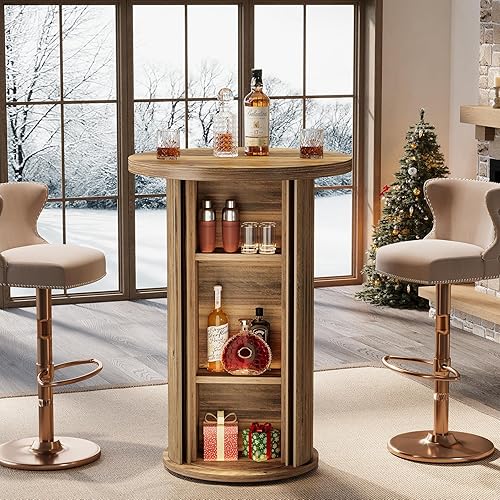 Tribesigns Round Bar Table, 35.4" Rustic Cocktail Table with 3-Tier Hidden Storage Shelves, High Top Bistro Pub Table with Slide Door for Small Spaces, Kitchen, Parties (1, Brown)