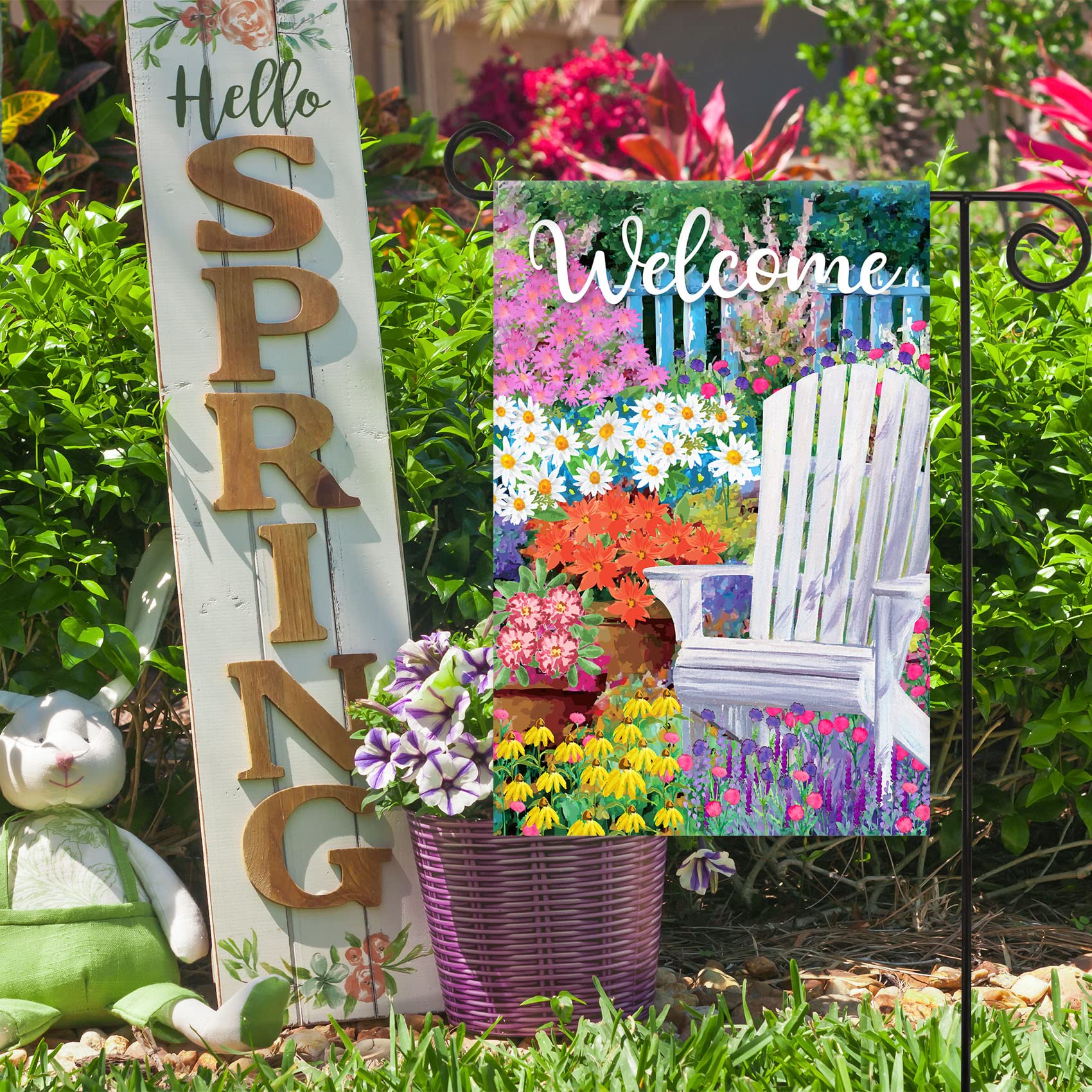 Frühlings-Gartenflagge – Adirondack Stuhl Mit Gänseblümchen & Vögeln – 30,5 X 45,7 Cm – Wetterfest Für Zaun & Terrasse