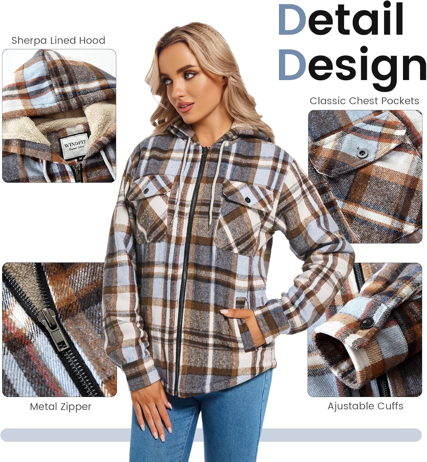 Women's Full Zip Fleece Flannel Jacket Plaid Sherpa Lined Jacket for Women - Image 5