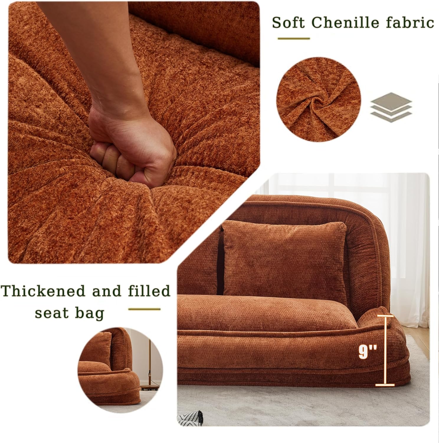 Double Human Dog Bed Loveseat Sofa with Chenille Upholstery, 2-Seater Convertible Floor Couch for Adults and Pets, 5 Adjustable Positions, Plump Cushions, 71" L x 41" W x 32" H, Orange