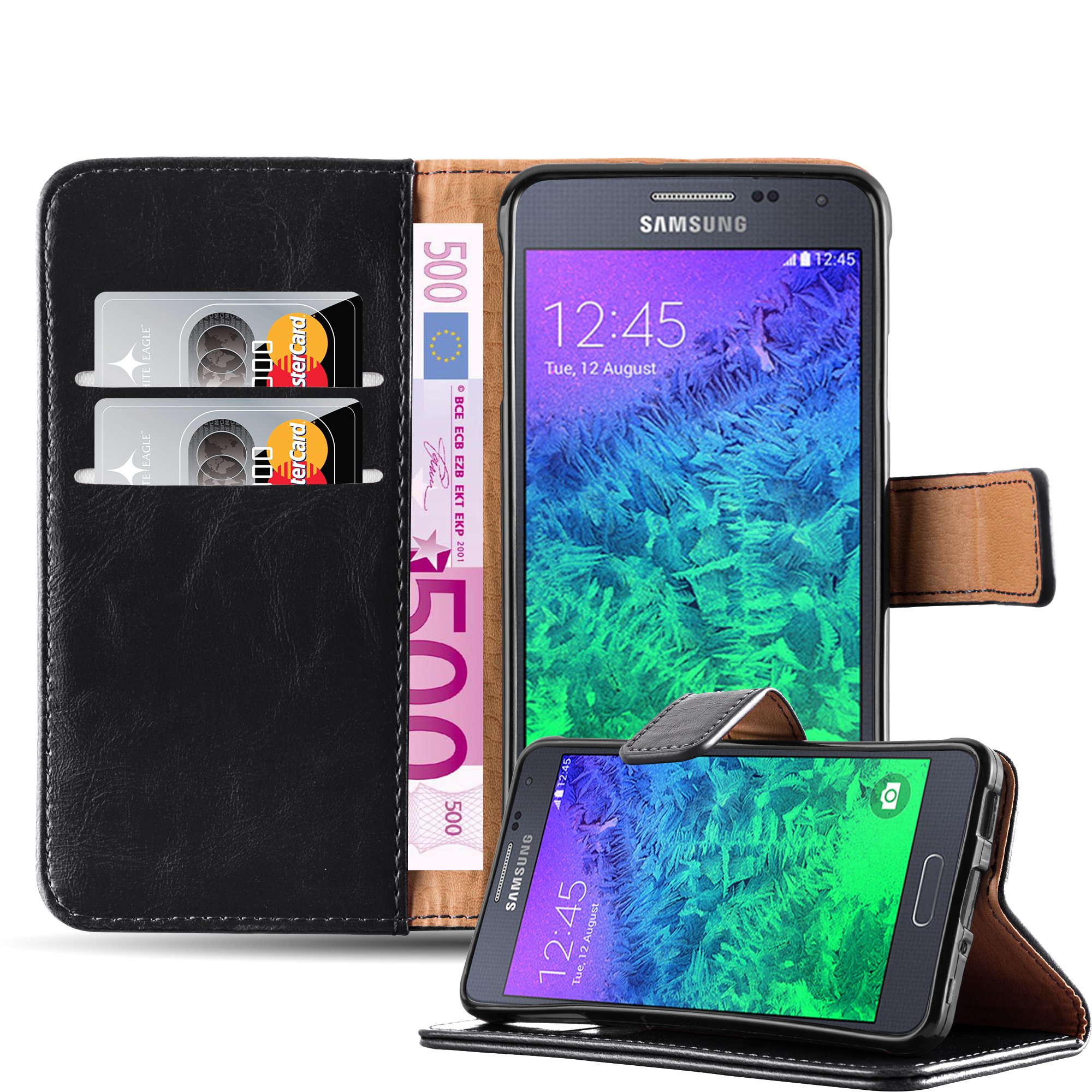cadorabocadorabo Book Case works with Samsung Galaxy ALPHA in GRAPHITE BLACK - with Magnetic Closure, Stand Function and Card Slot - Wallet Etui Cover Pouch PU Leather Flip