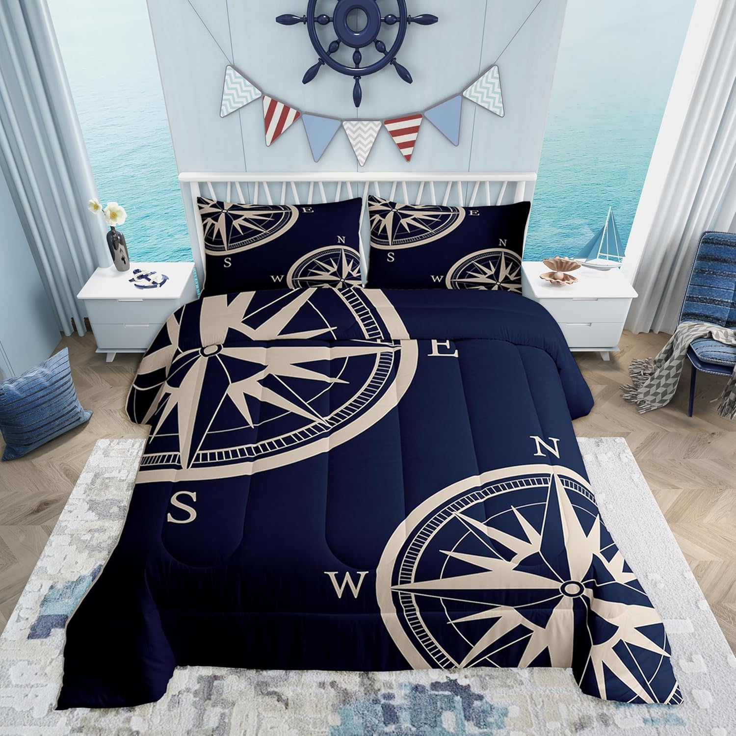 Castle Fairy Navy Blue Compass Comforter Set Queen Size 3 Pcs Sailing Nautical Theme Simple Style Bedding Set for Kids Teens Adults Retro Geometric Circles Plaid Quilted Comforter with 2 Pillowcases