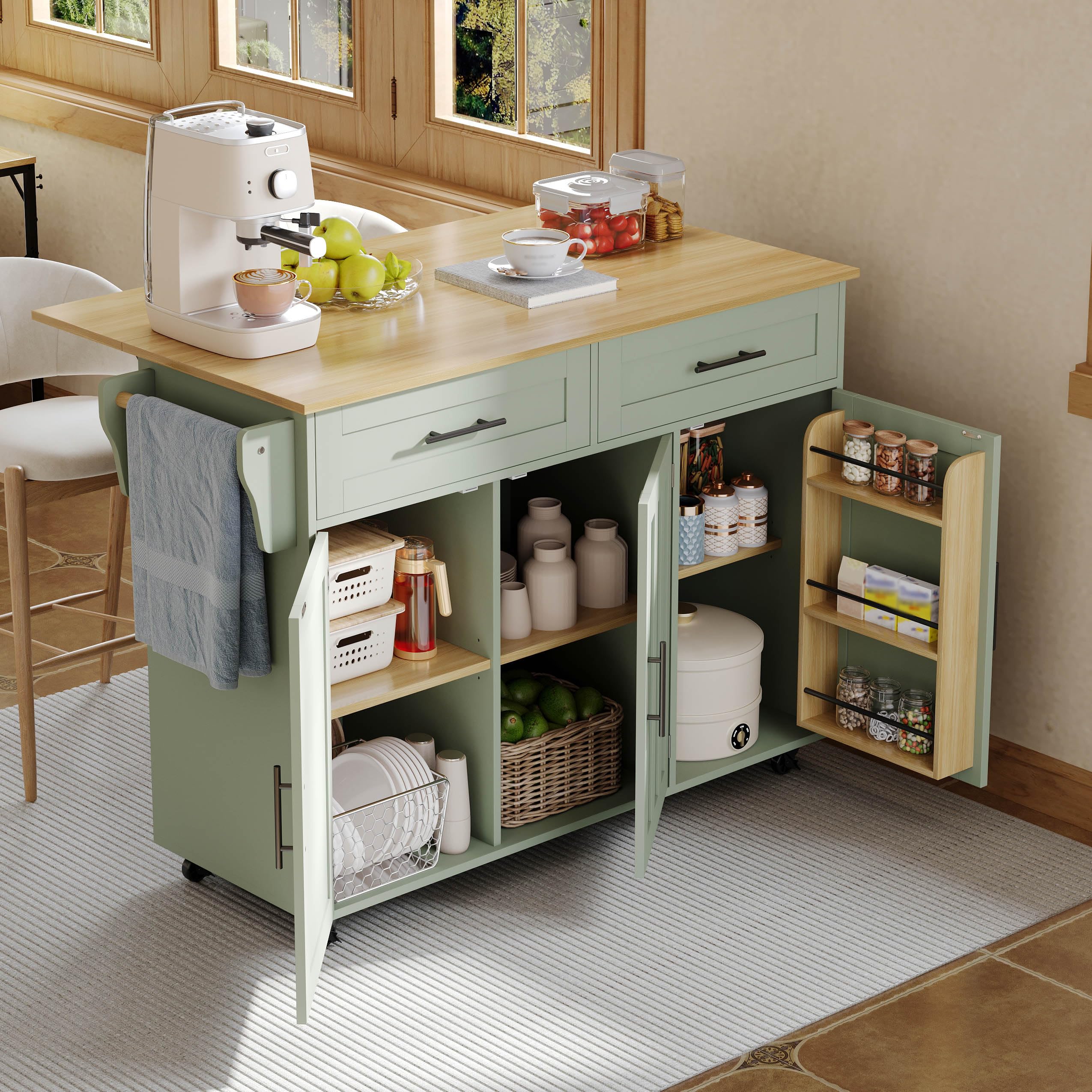 Isola da cucina autoportante con piano di lavoro pieghevole, mobile da cucina su 5 ruote, con ripiano e 2 cassetti, per cucina e sala da pranzo, 129 x 46 (71) x 91,5 cm