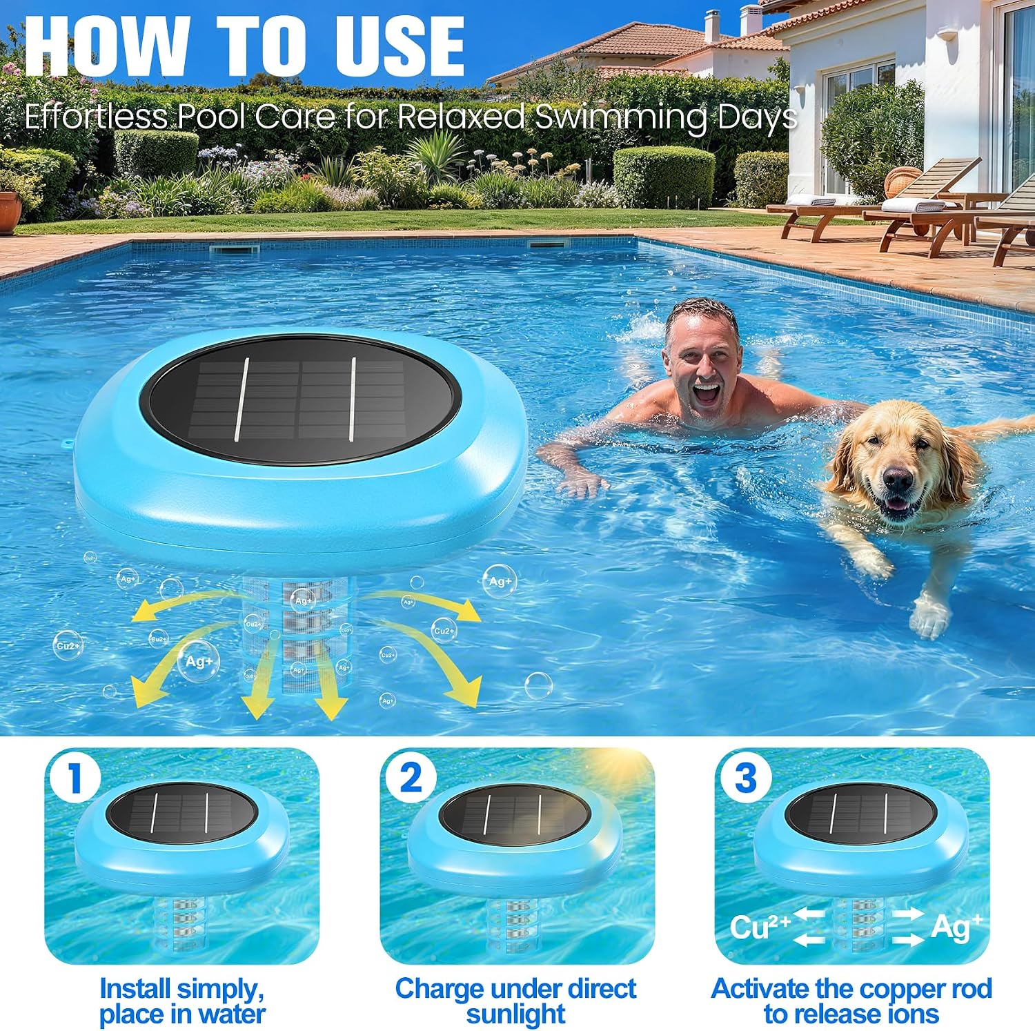 AquClor Solar Pool Ionizer, Floating Automatic Pool Copper Ionizer, Waterproof Copper Pool Ionizer for Above Ground & Inground Pools up to 85% Less Chlorine, 35,000 Gallons Copper Ionizer for Pool thumbnail