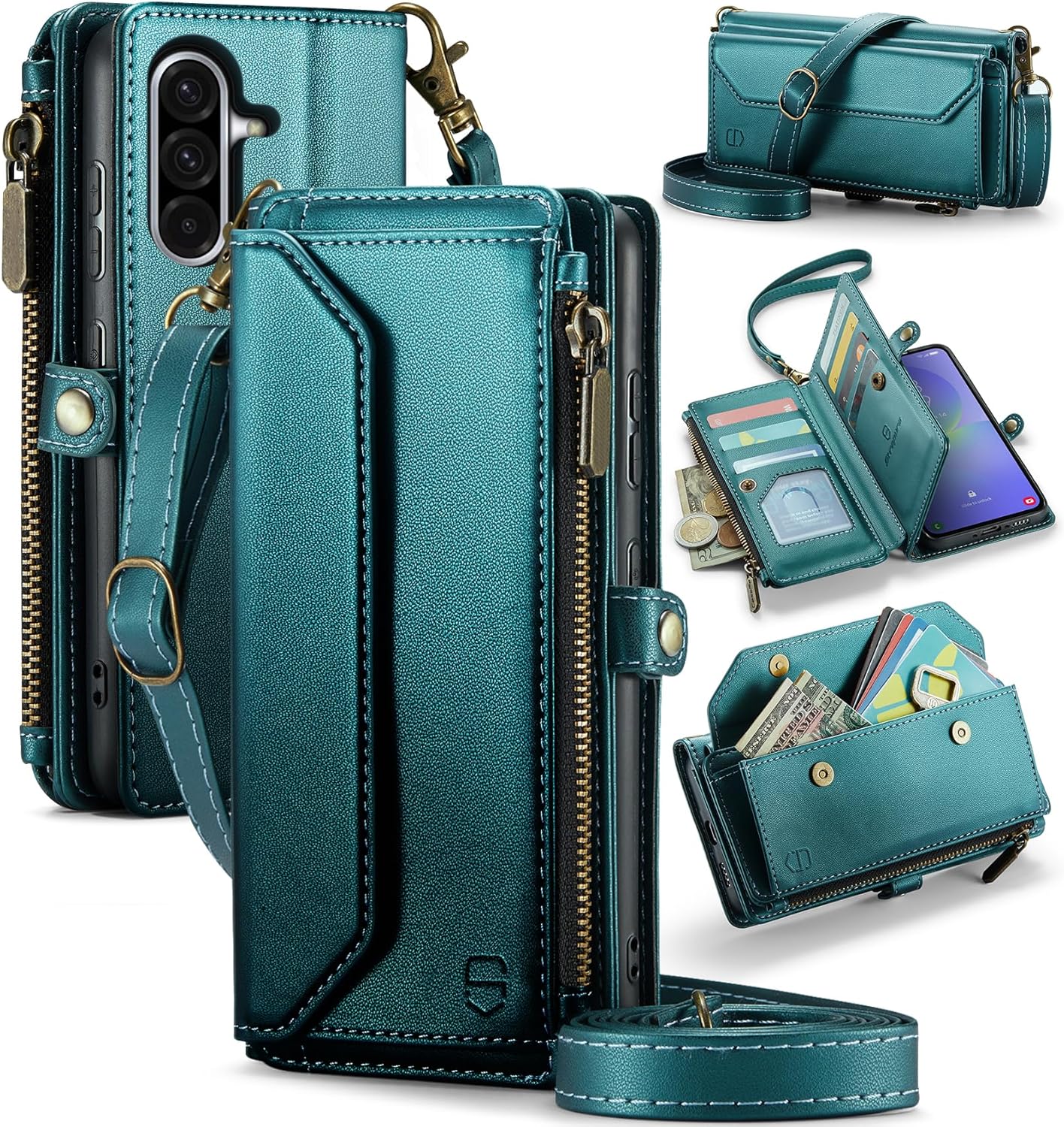 Strapurs Wallet Case Compatible with Samsung Galaxy A36 5G RFID Blocking Card Holder Soft PU Leather Magnetic Snap Strap Zipper Pocket Phone Case Fit for Galaxy A36 5G 5G - Blue Green